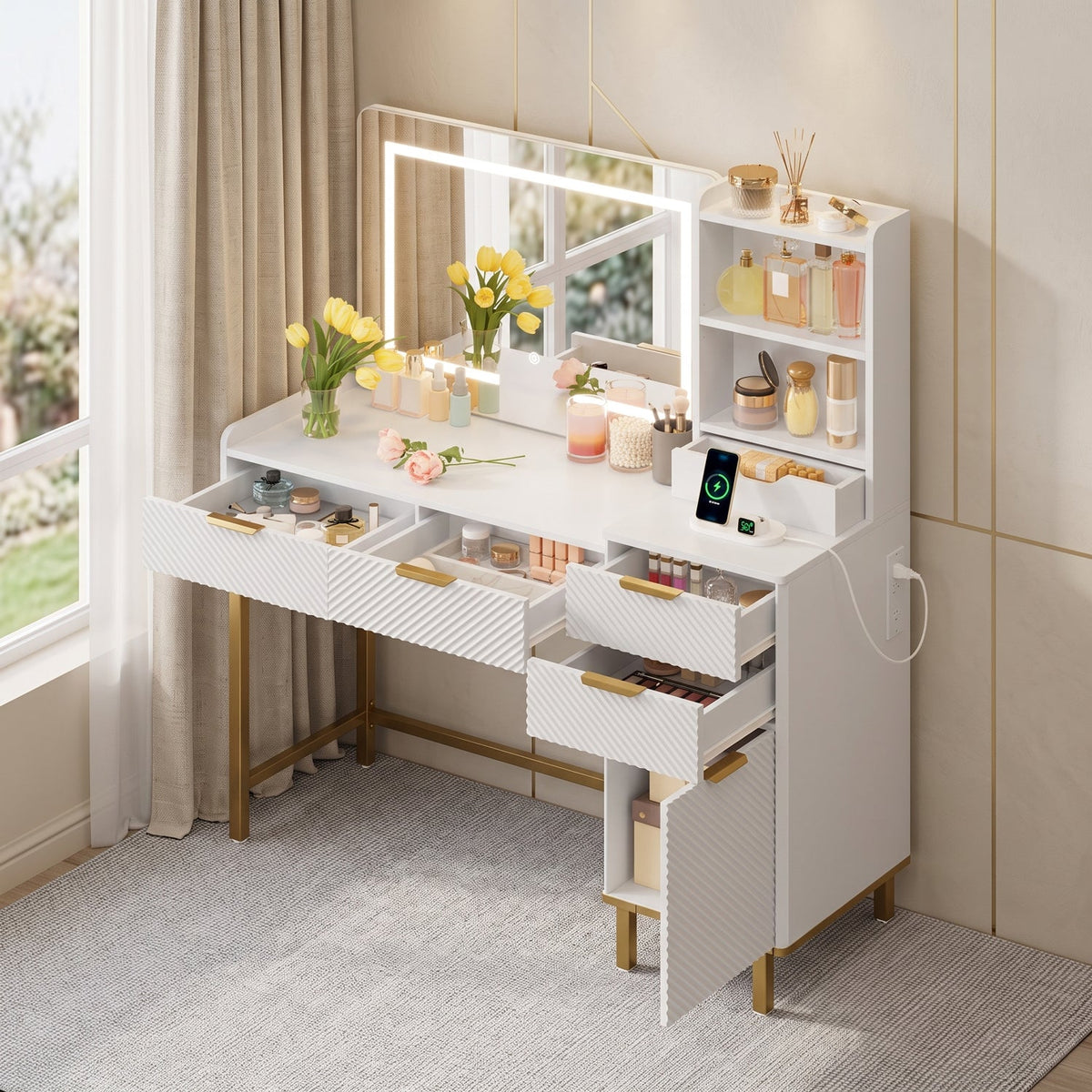 45.3" Makeup Vanity Desk with LED Mirror and Charging