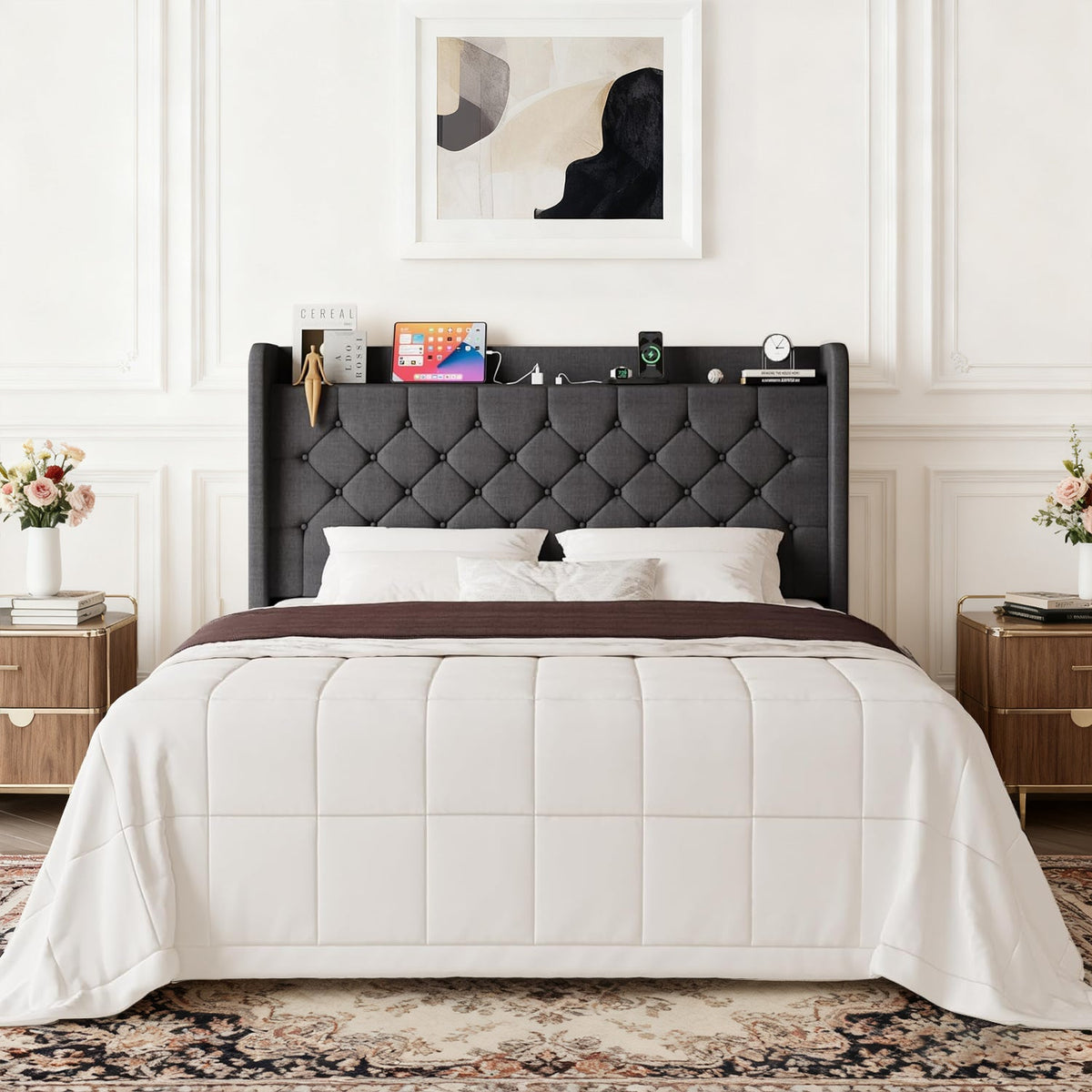 Wingback Linen Bed Frame with Storage Headboard