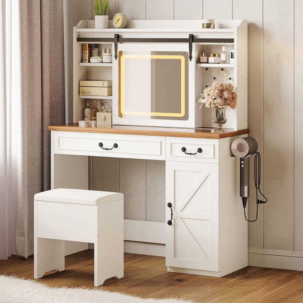 Farmhouse Makeup Vanity Desk with Sliding Mirror