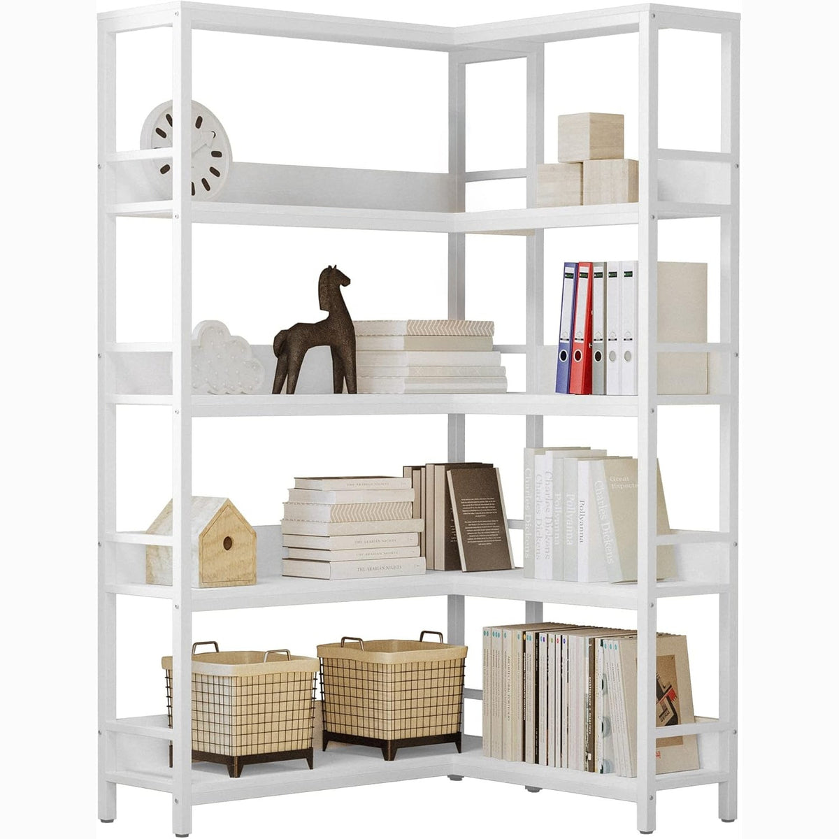 5-Tier Industrial Corner Bookcase with Metal Frame