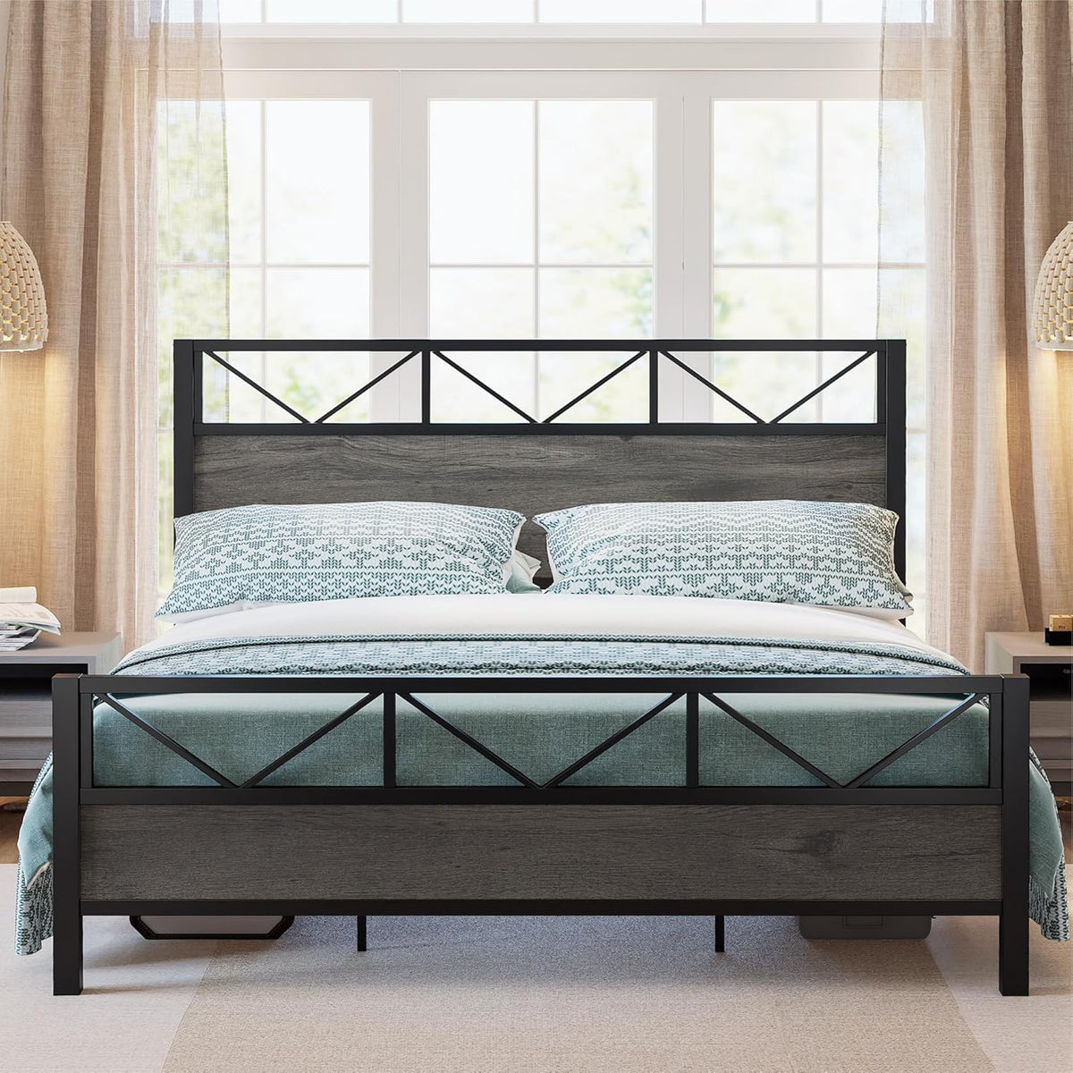 California King Bed Frame with Tall Industrial Headboard