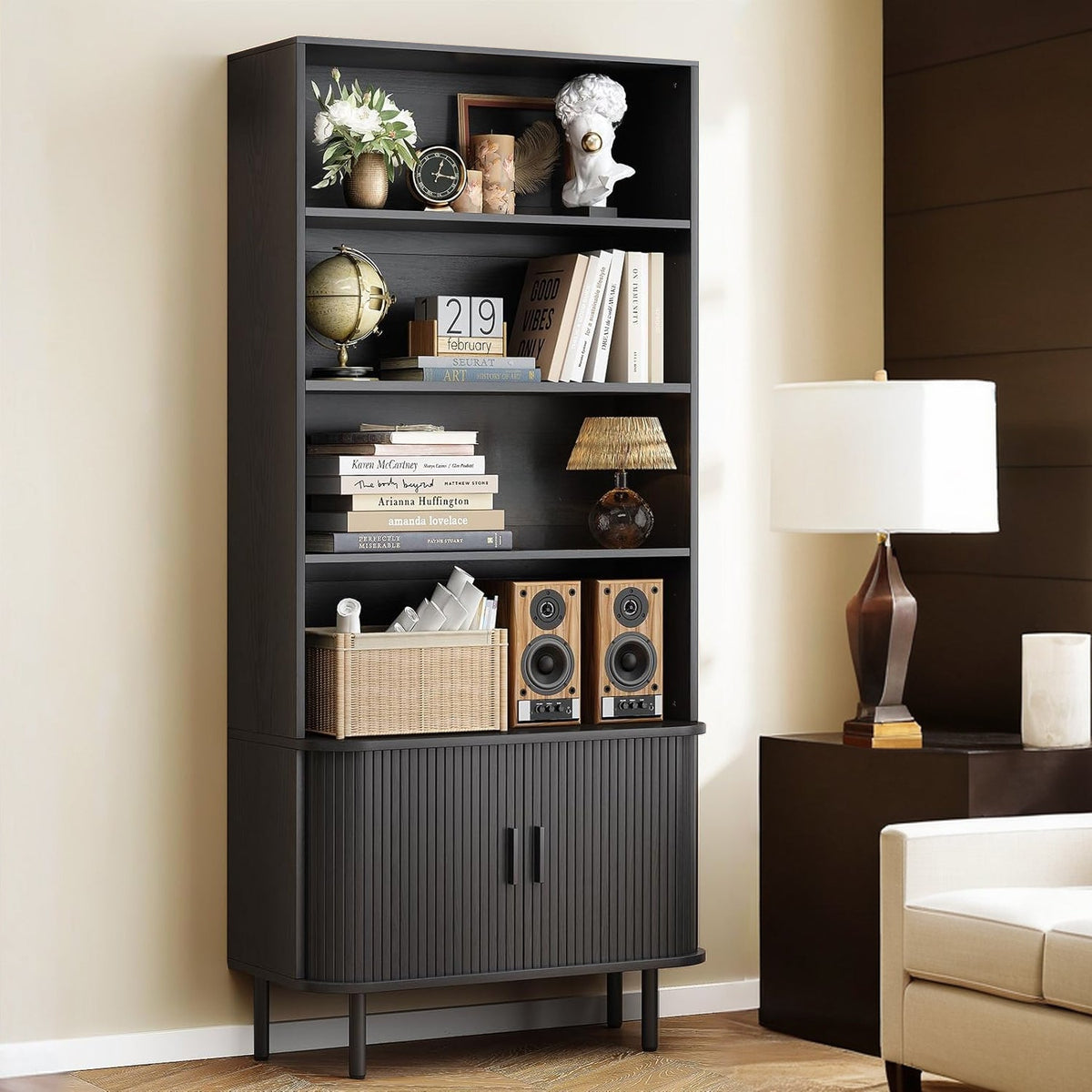 71 Inch 4-Tier Tall Bookcase with Sliding Door Cabinet