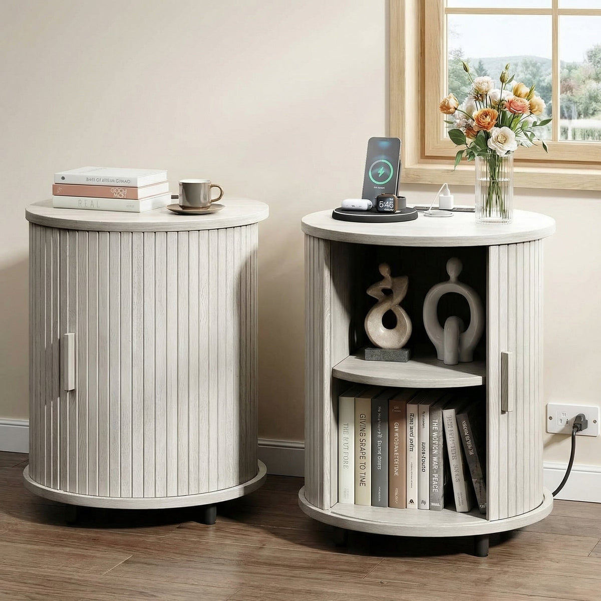 Round Nightstand Side Table with Sliding Tambour Door