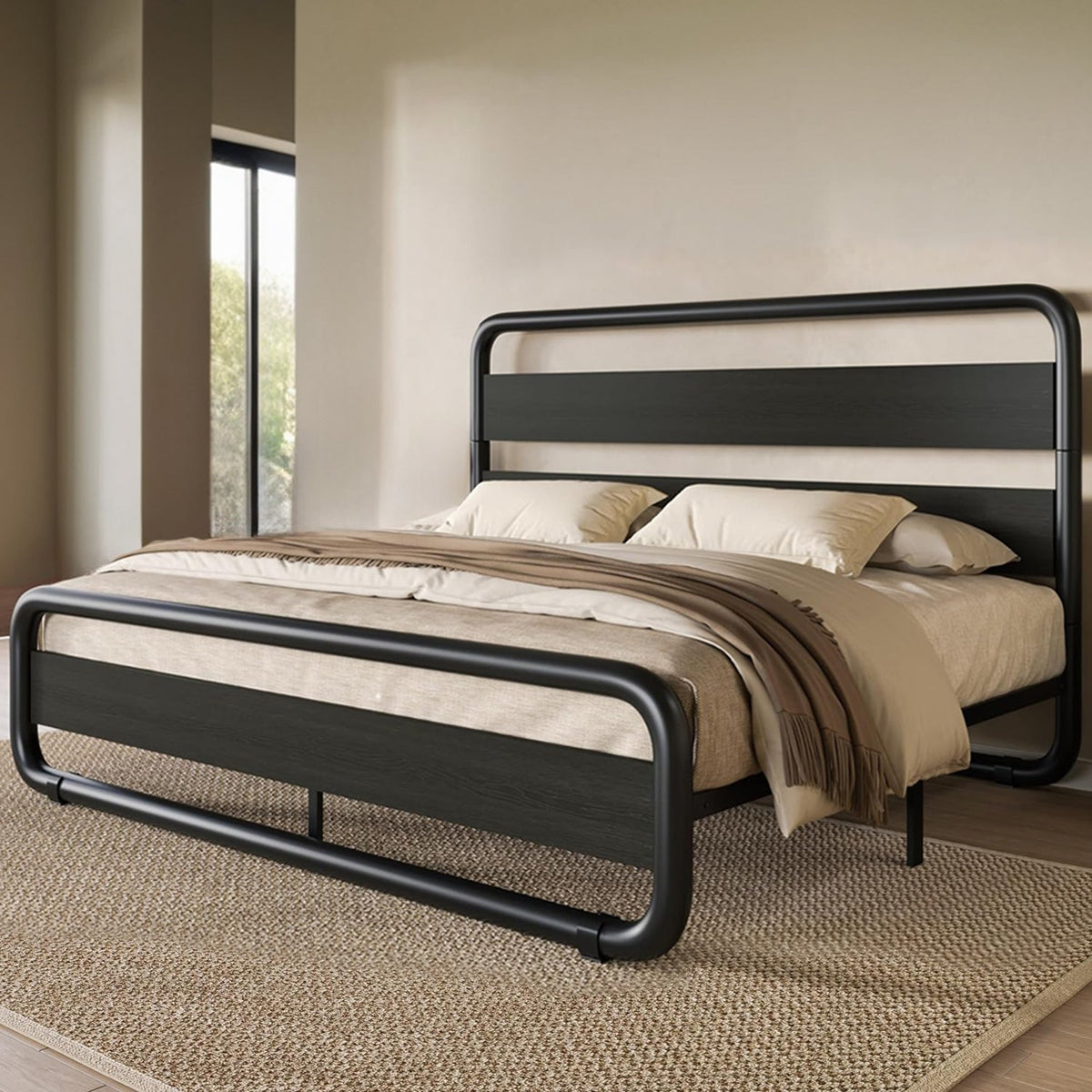 Metal Platform Bed Frame with Wooden Headboard
