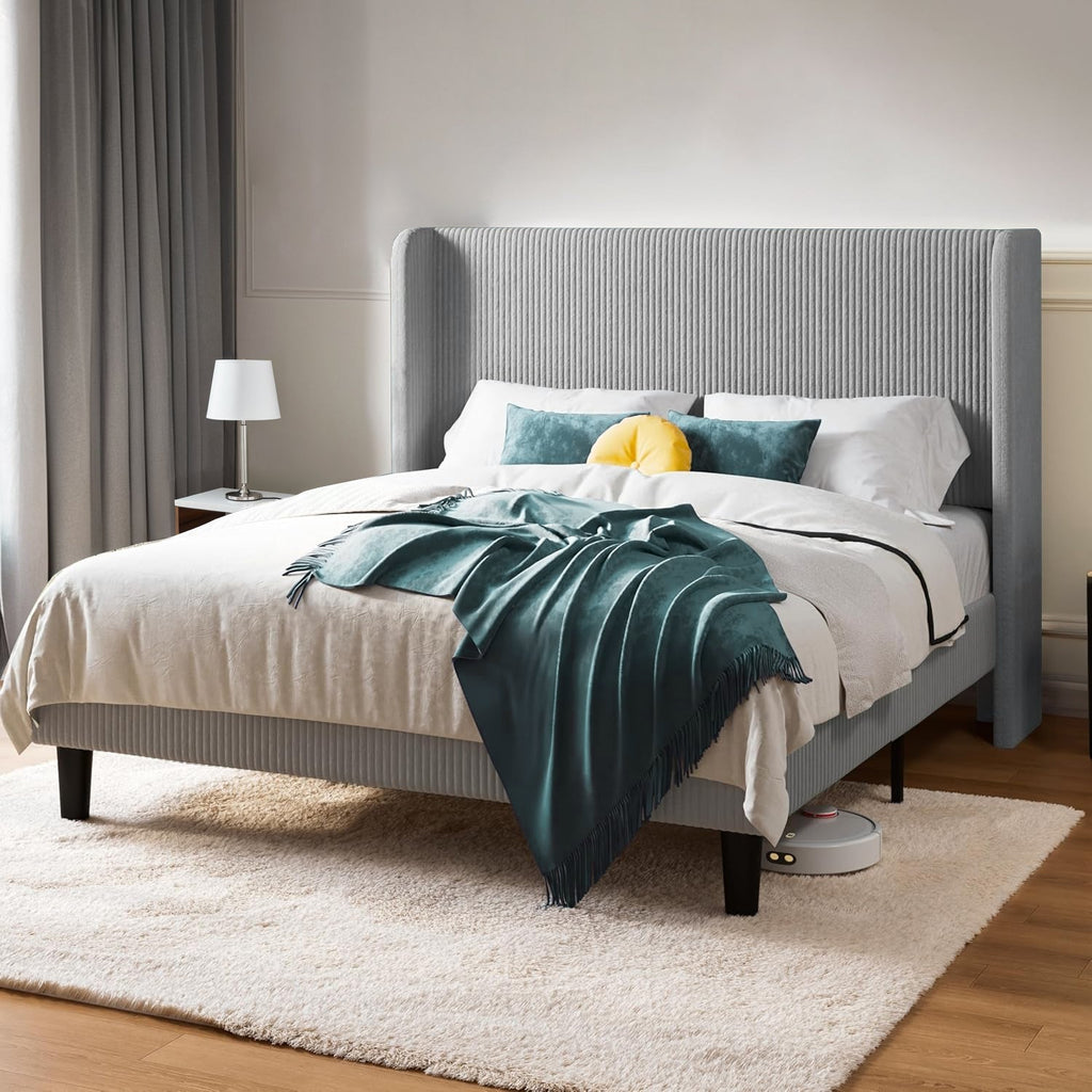 Corduroy Velvet Upholstered Bed with Wingback Headboard
