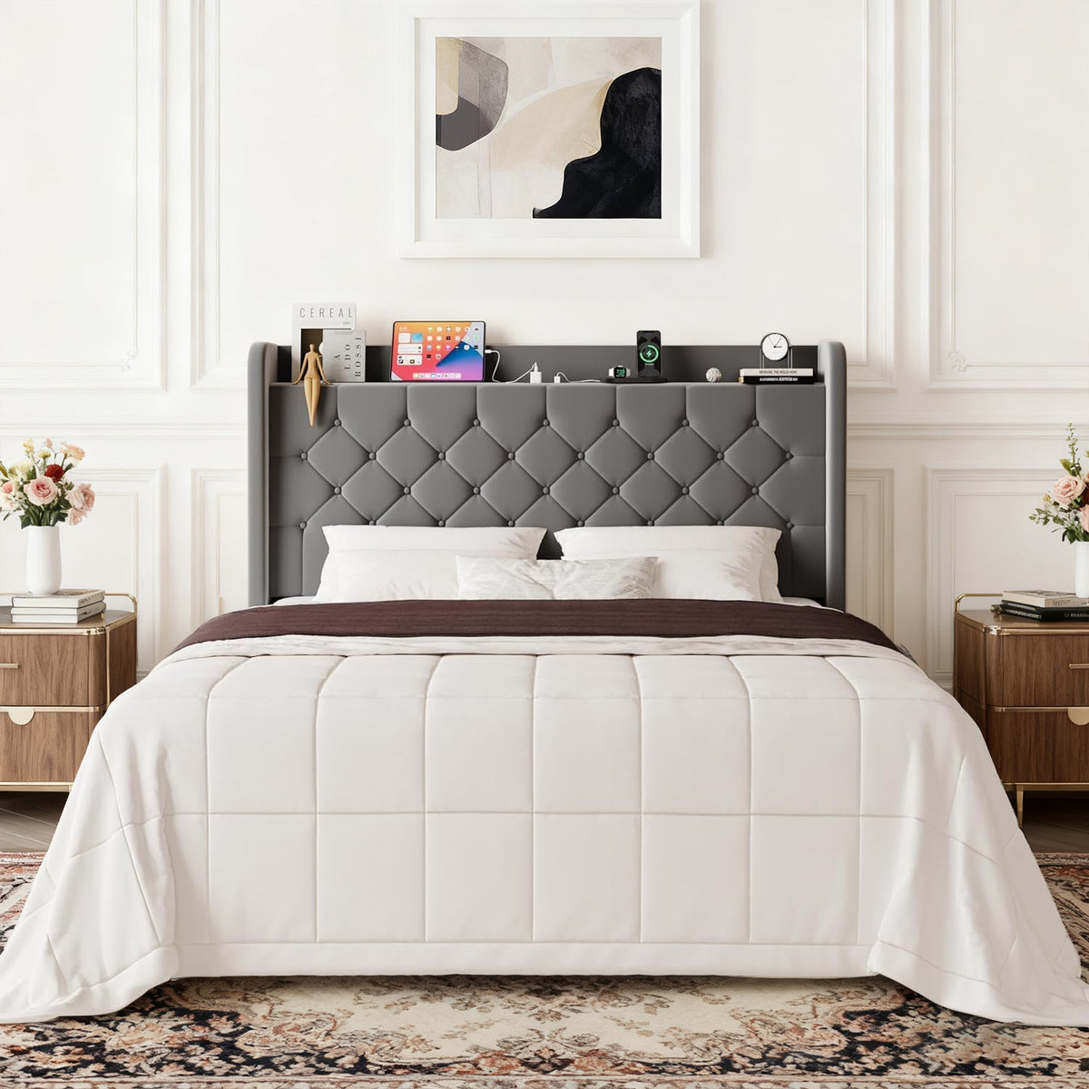 Wingback Velvet Storage Bed with Charging Station