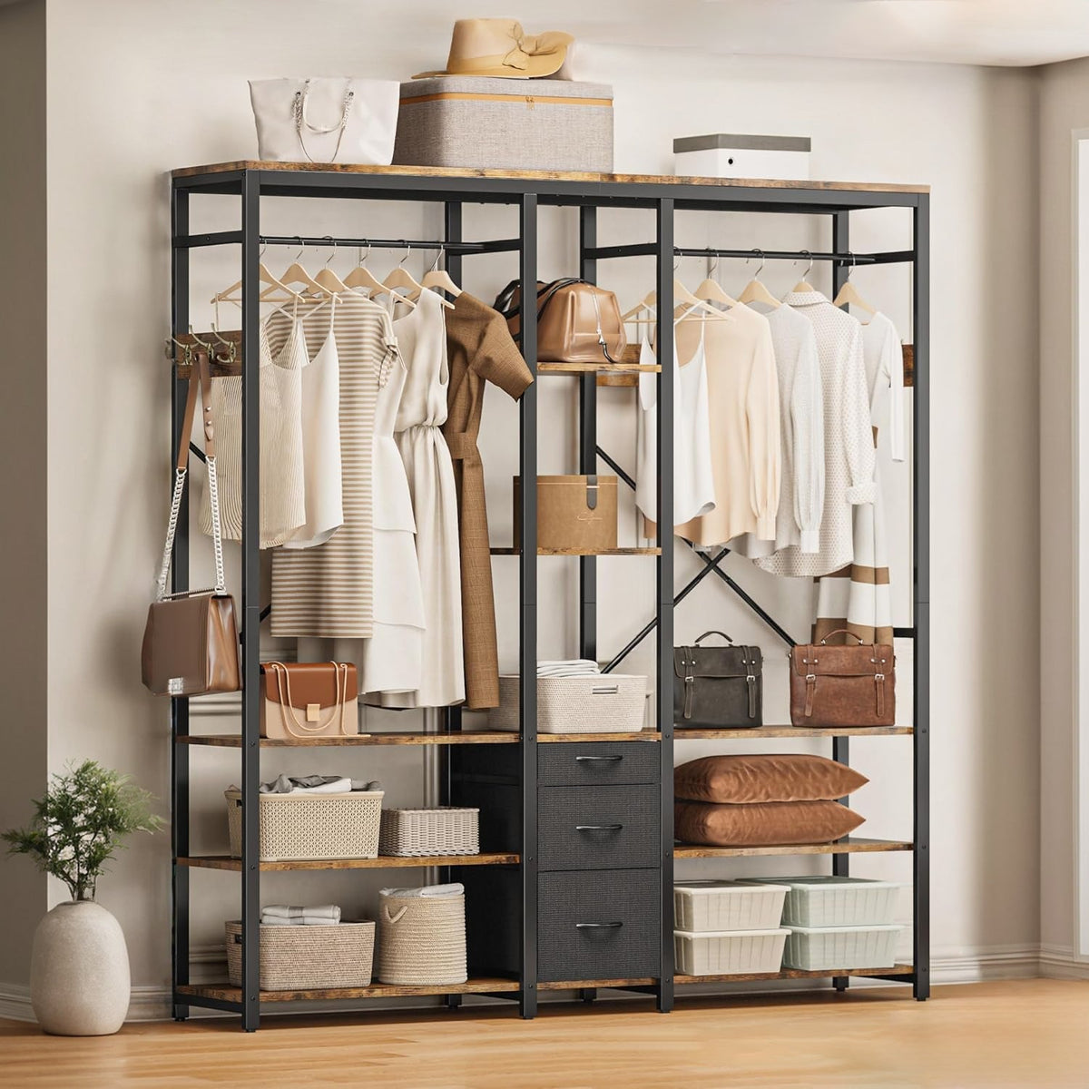 Industrial Garment Rack with 3 Drawers and Shelves
