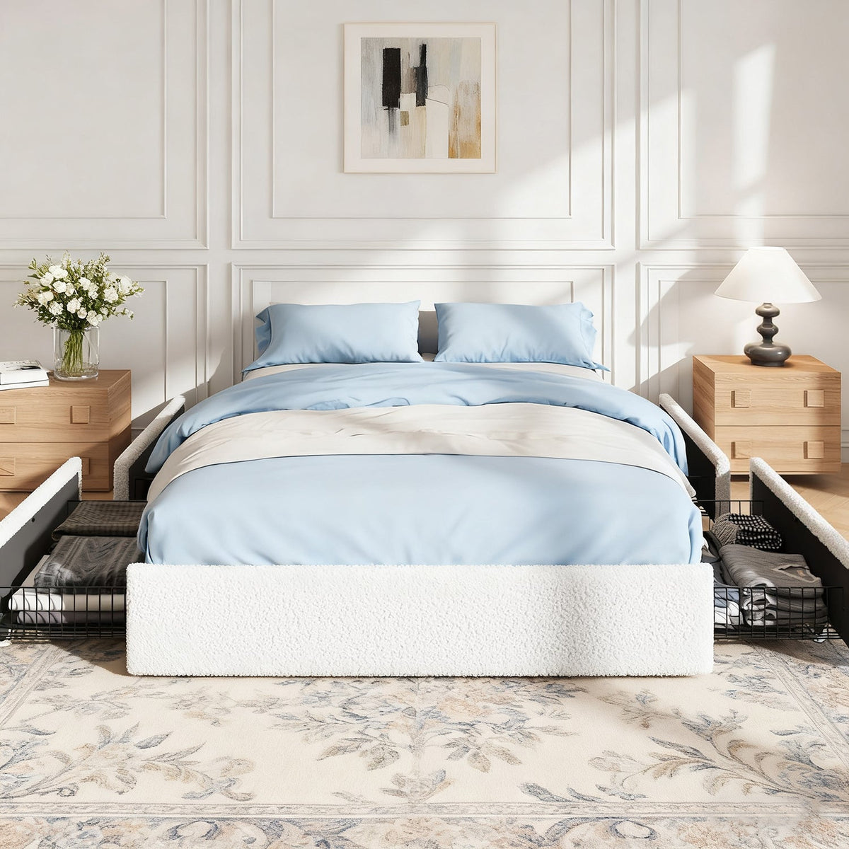 Teddy Boucle Platform Bed with 4 Storage Drawers