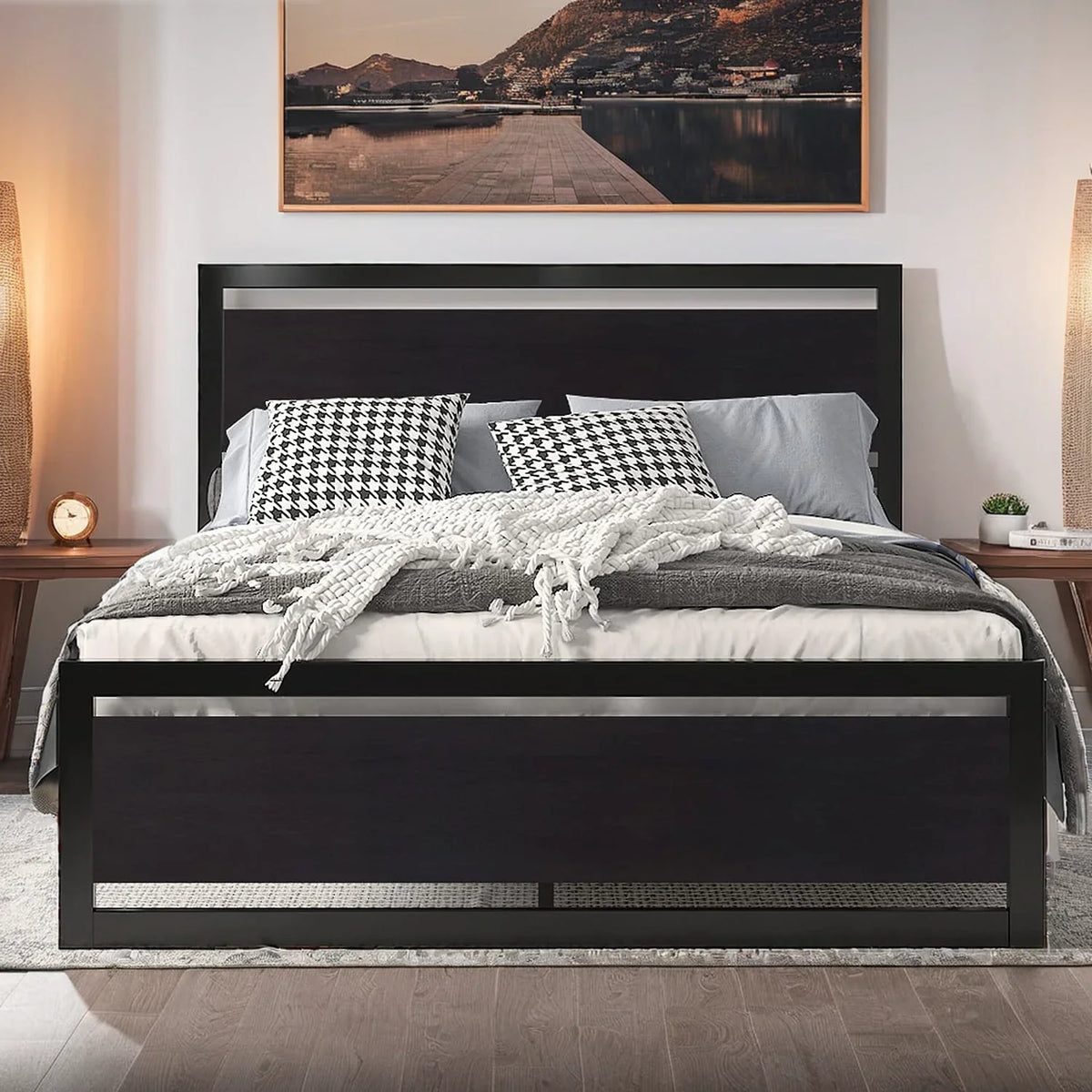 Bed Frame with Wooden Headboard and 13 Metal Slats