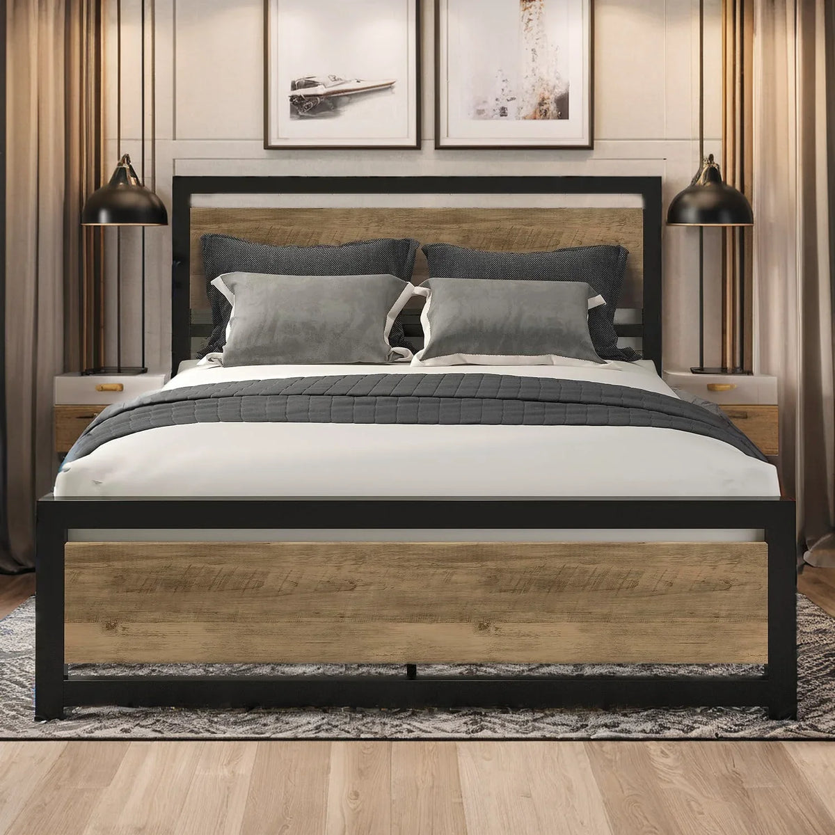 Bed Frame with Wooden Headboard and 13 Metal Slats
