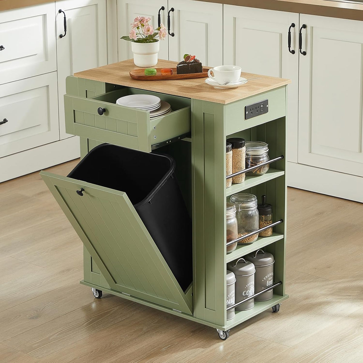 35 Inch Rolling Kitchen Island with Spice Rack and Drawer