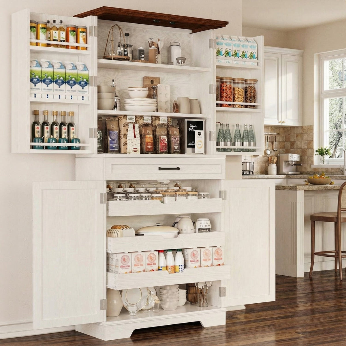 72 Inch Farmhouse Kitchen Pantry with 6 Hanging Shelves