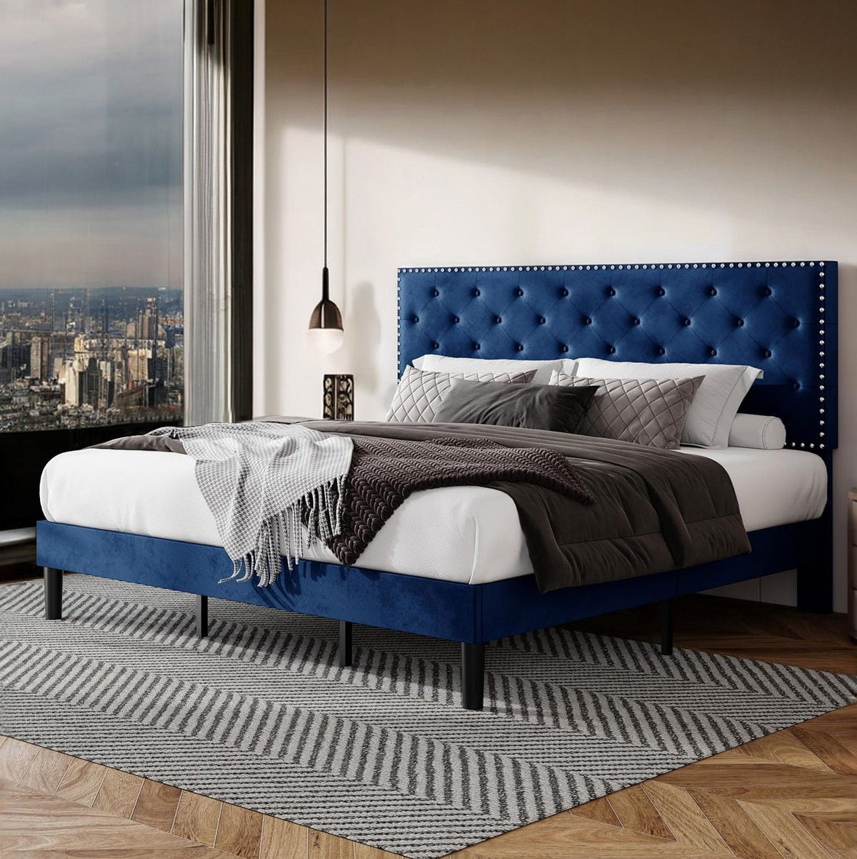 Velvet Upholstered Bed Frame, Button Tufted Headboard