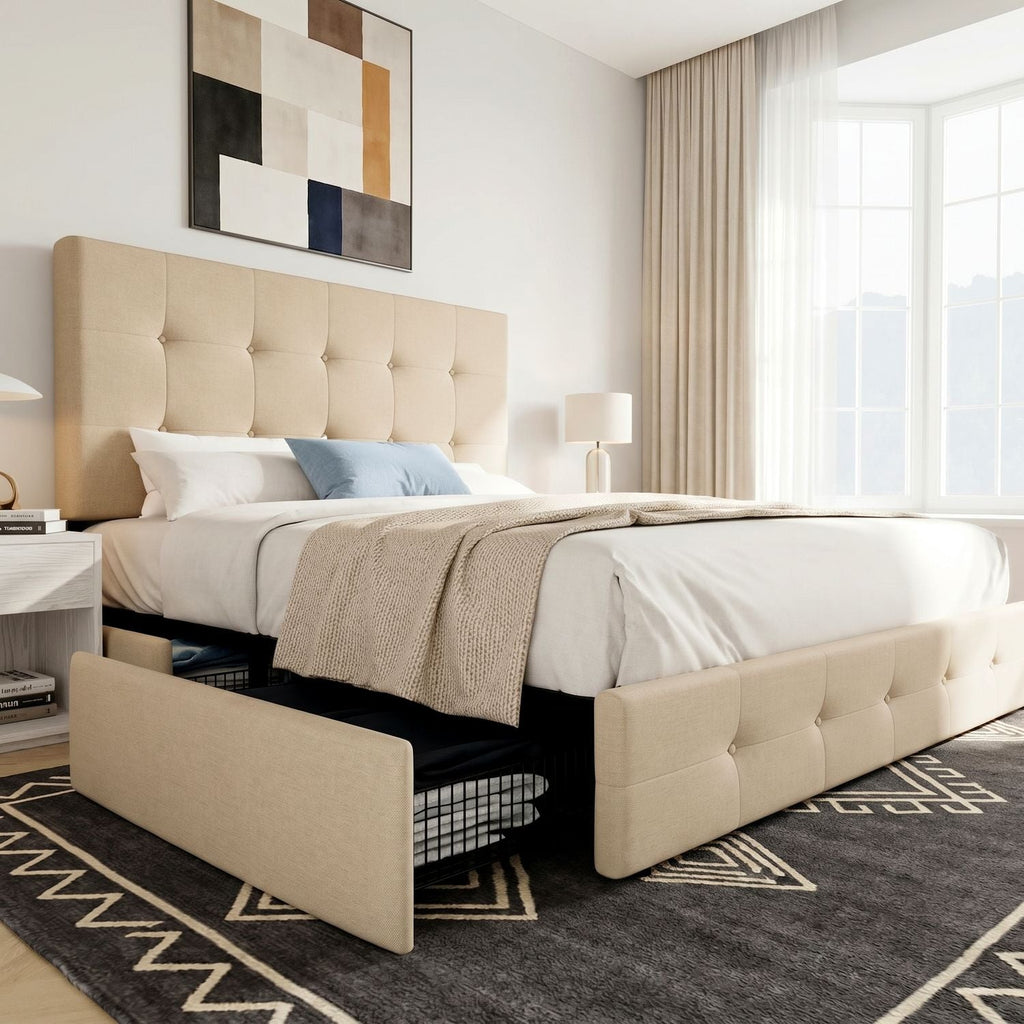 Upholstered Bed Frame with 4 Drawers and Headboard