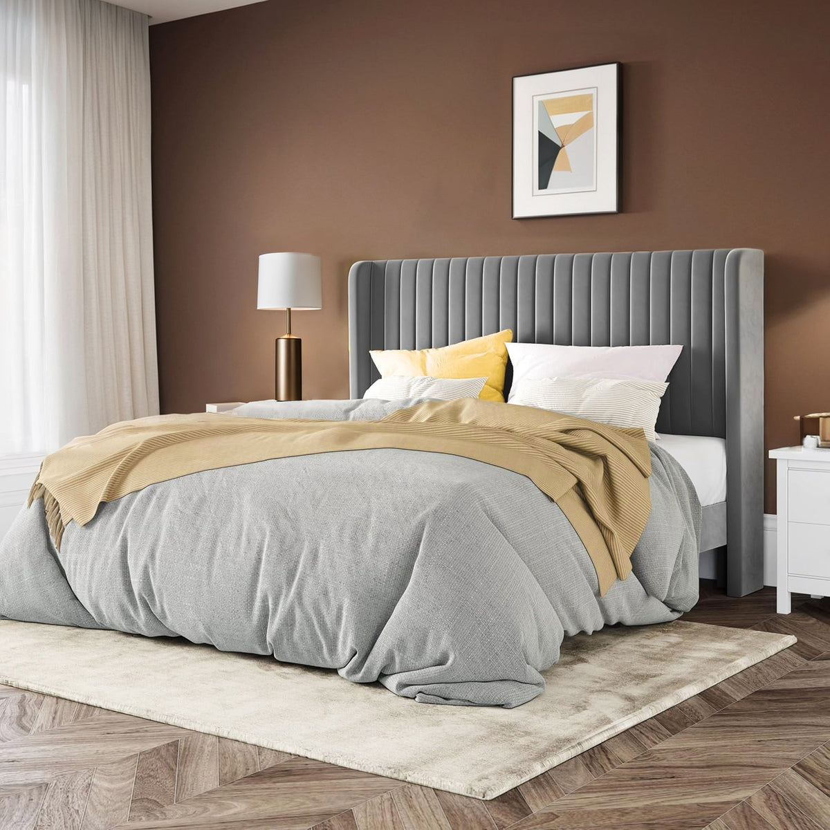 Velvet Platform Bed Frame with Tufted Headboard