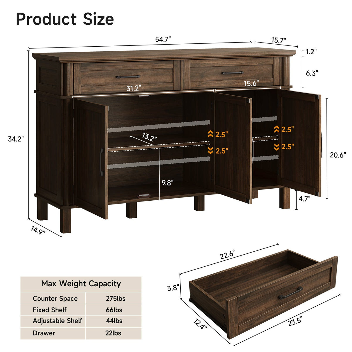 Wood Buffet Sideboard with 2 Drawers and 3 Doors