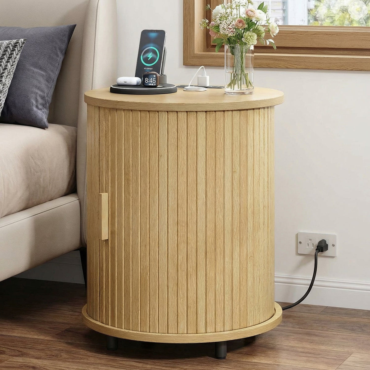 Round Nightstand Side Table with Sliding Tambour Door