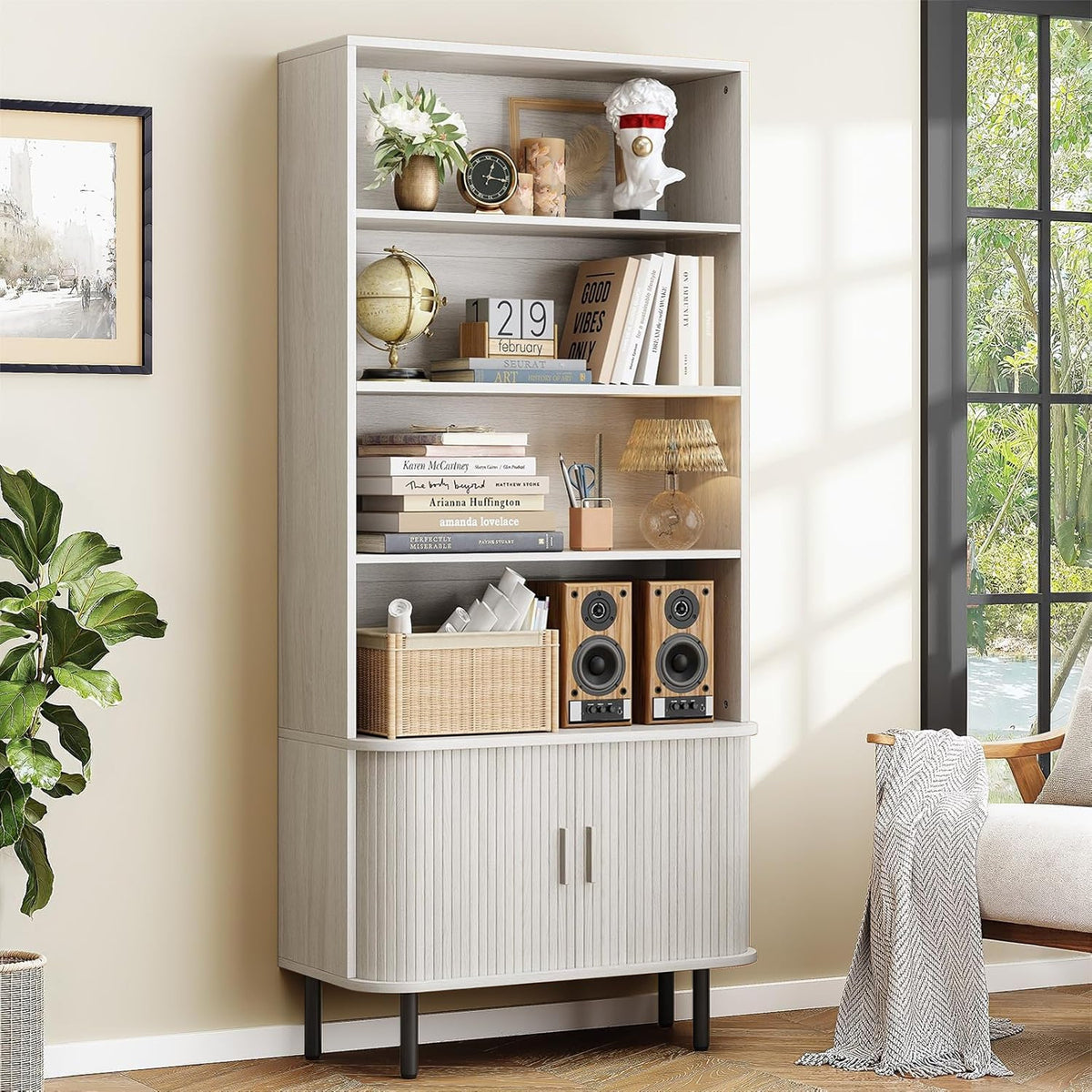 71 Inch 4-Tier Tall Bookcase with Sliding Door Cabinet