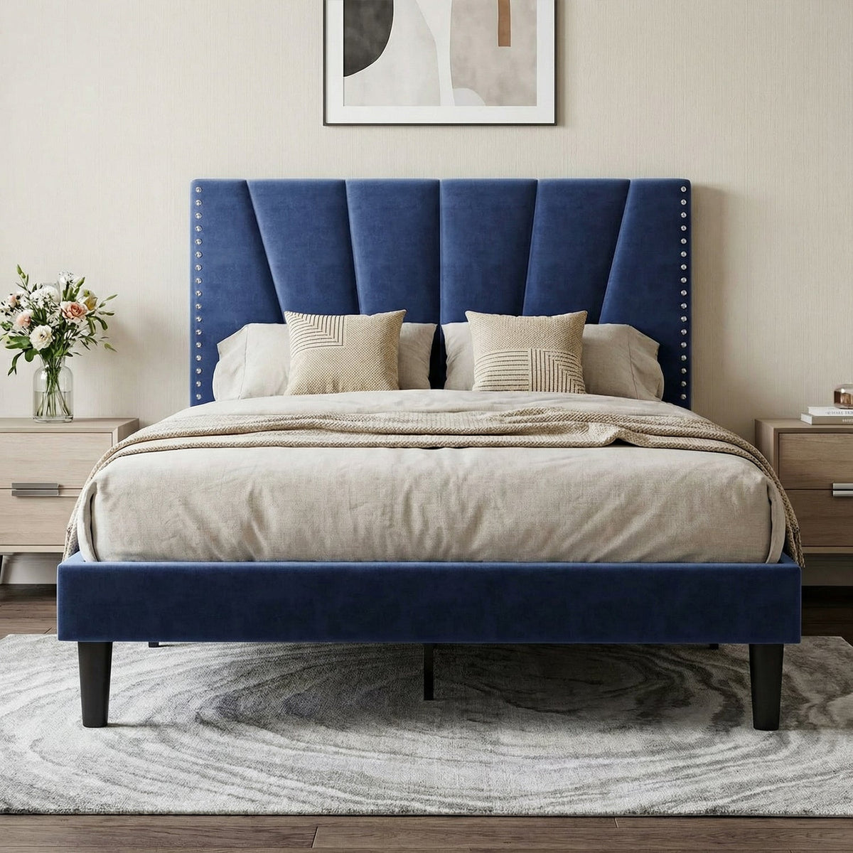 Velvet Platform Bed Frame with Nailhead Trim Headboard