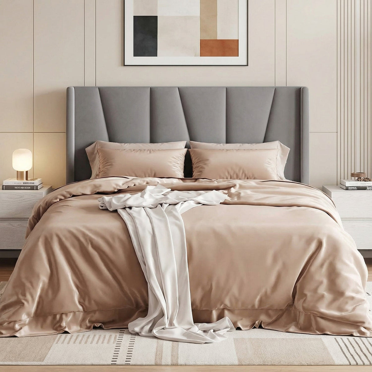 Velvet Platform Bed with Geometric Wingback Headboard