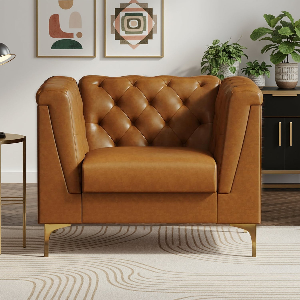 Mid-Century Faux Leather Deep-Seat Sofa