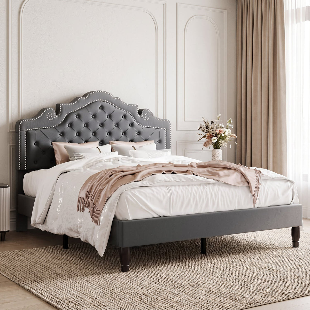 Button Tufted Velvet Platform Bed, Adjustable Headboard