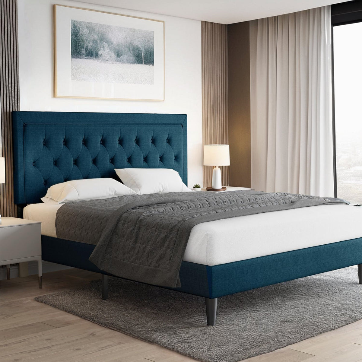 Upholstered Bed Frame with Adjustable Headboard