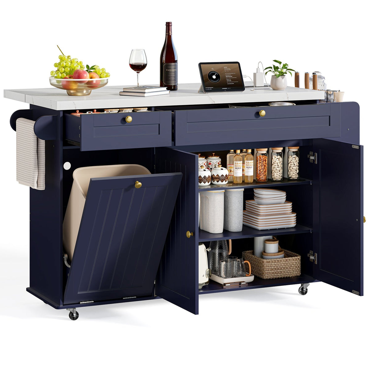 Kitchen Island Cart with Trash Can Storage on Wheels