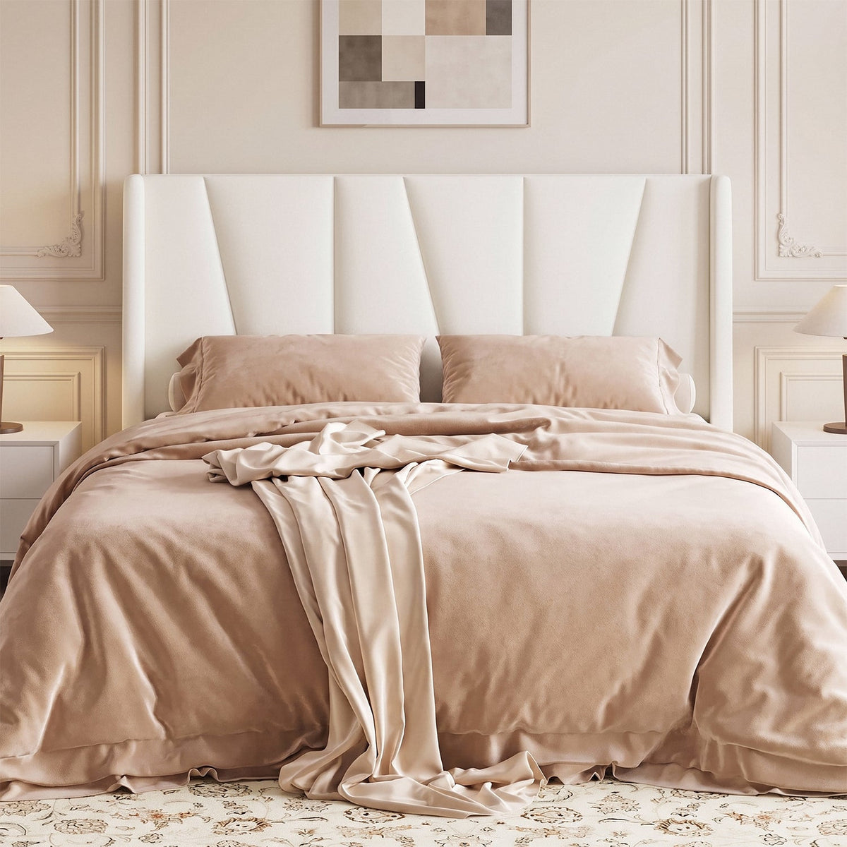 Velvet Platform Bed with Geometric Wingback Headboard