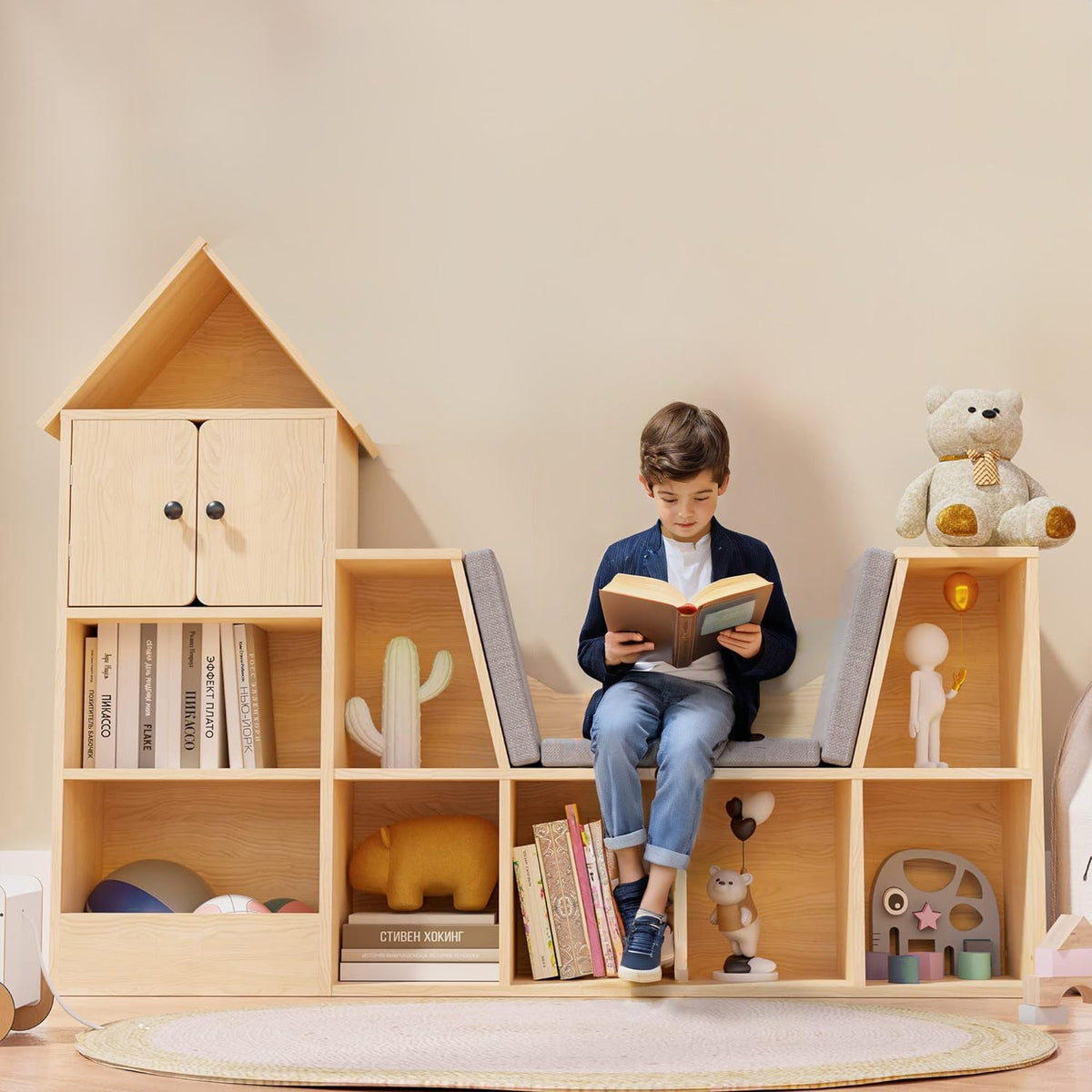Kids Wooden Bookshelf with Reading Nook and Cushions