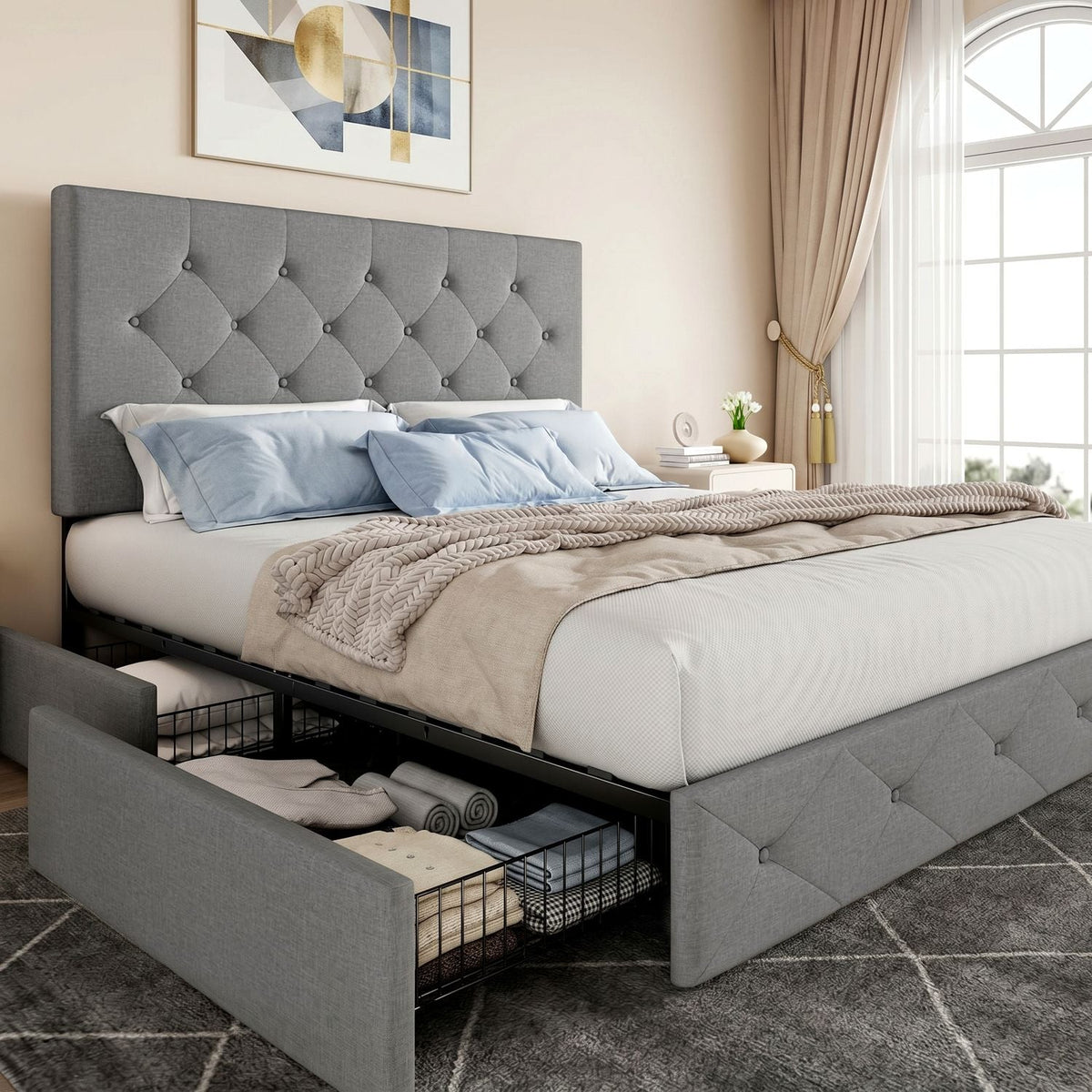 Upholstered Bed Frame with 4 Drawers and Headboard