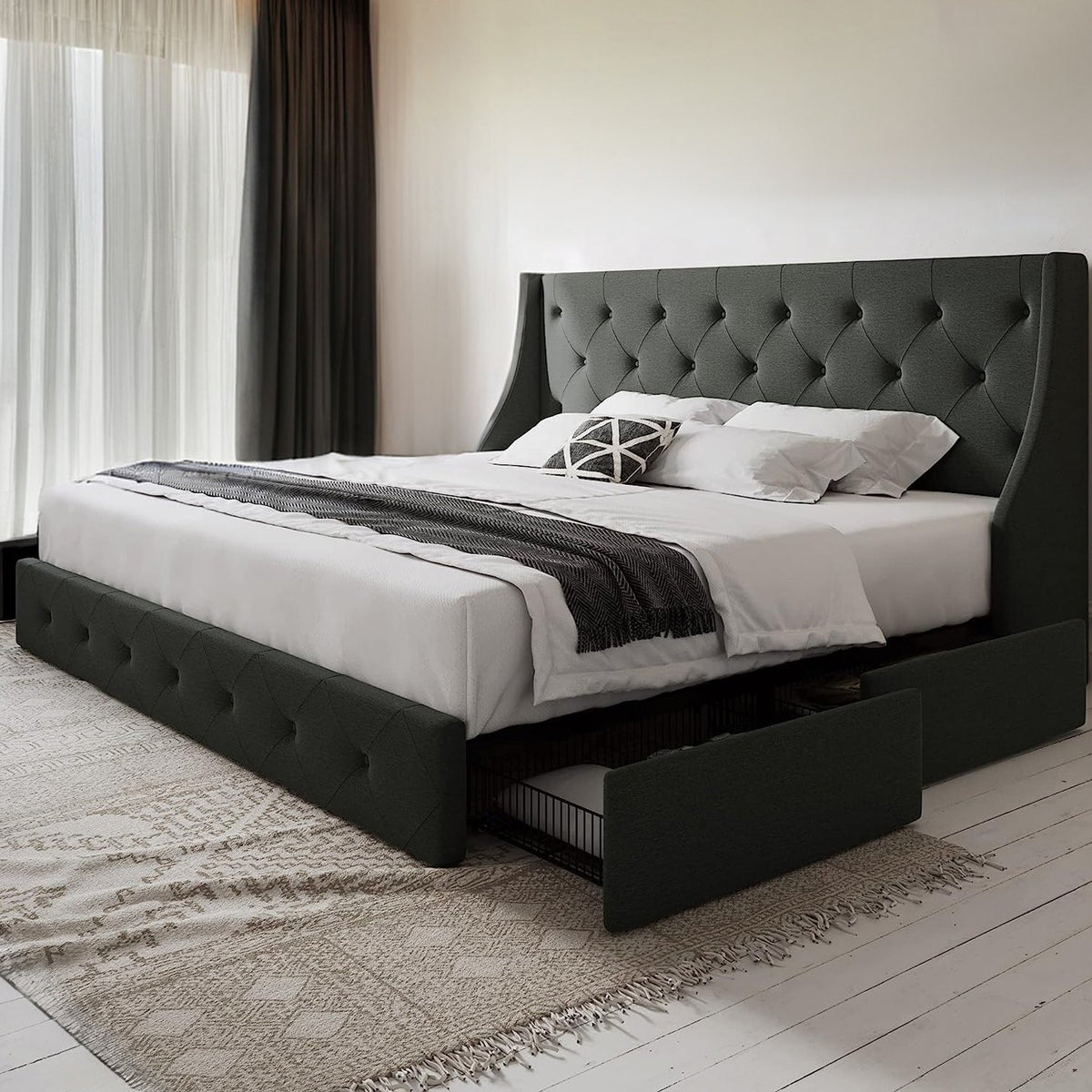 Wingback Storage Bed Frame with 4 Drawers, Tufted