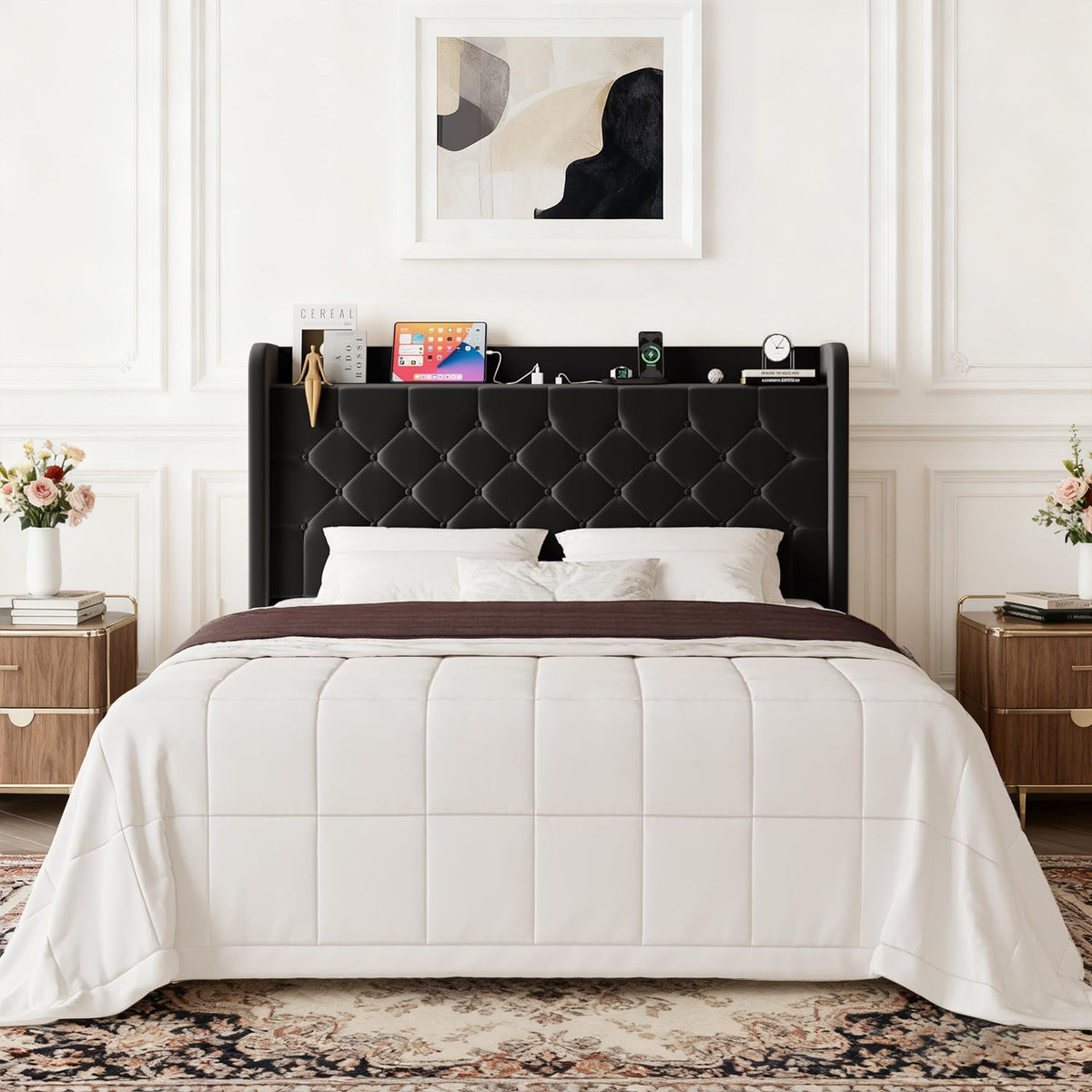 Wingback Velvet Storage Bed with Charging Station