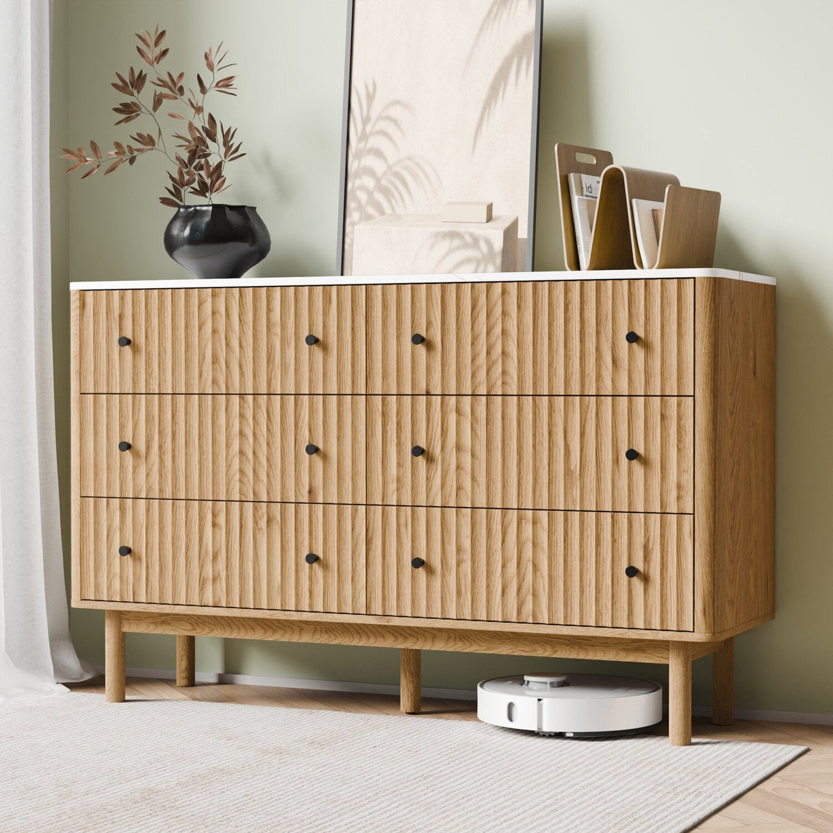 6-Drawer 54-Inch Fluted Dresser with Faux Marble Top