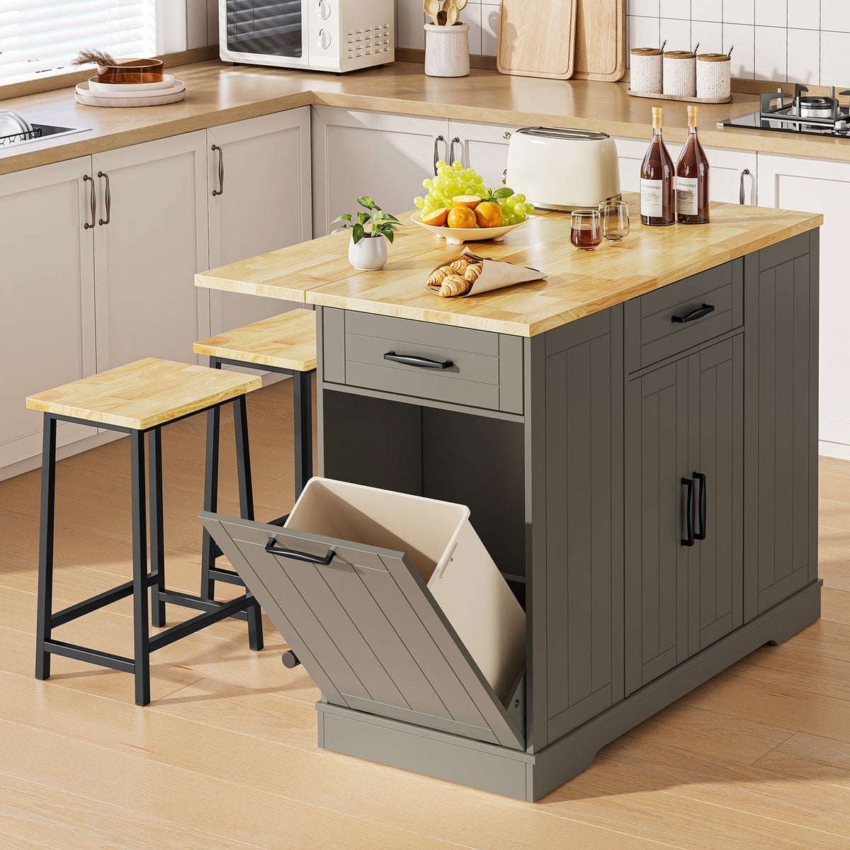 47 Inch Kitchen Island with 2 Chairs and Storage