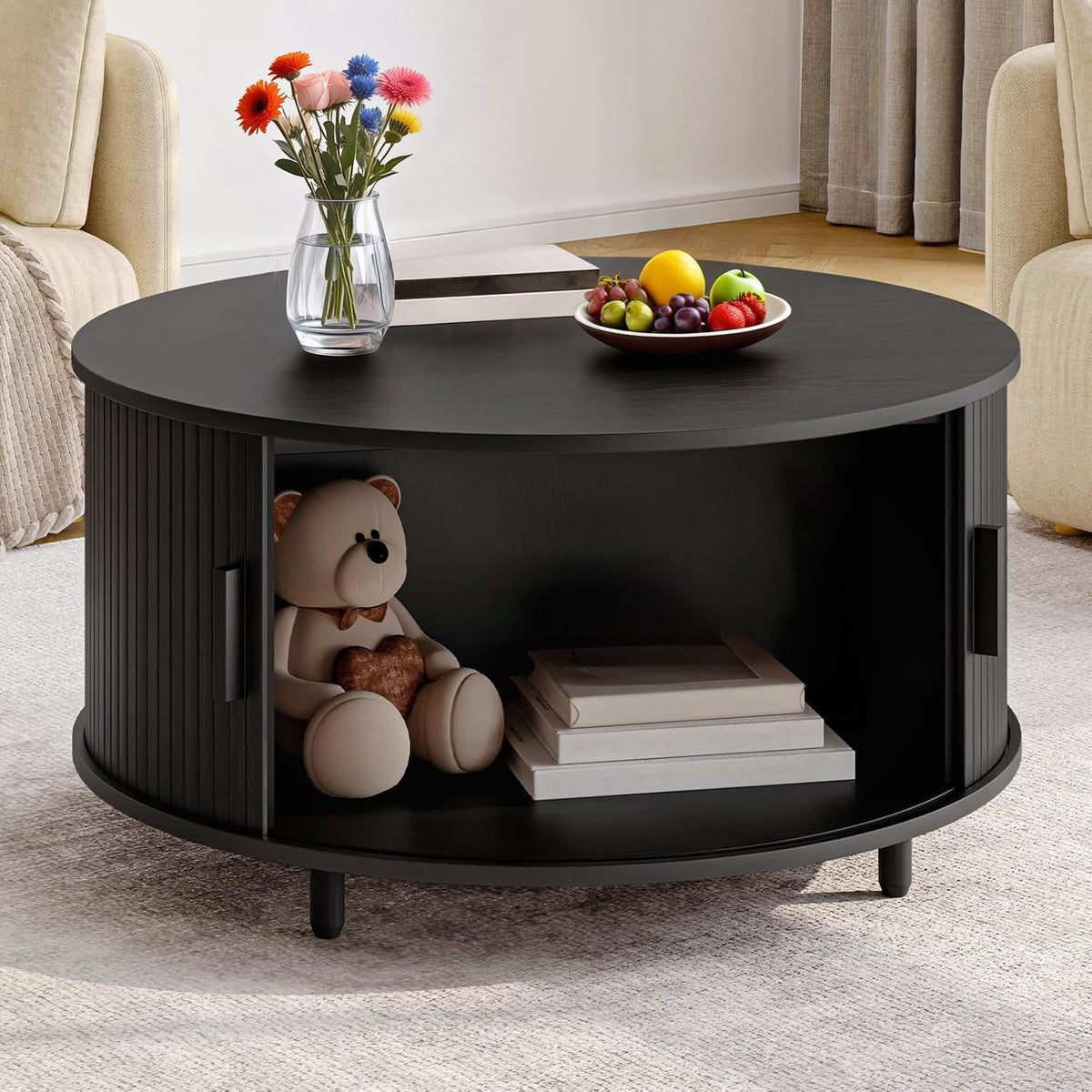 31.5" Round Fluted Coffee Table with Sliding Door