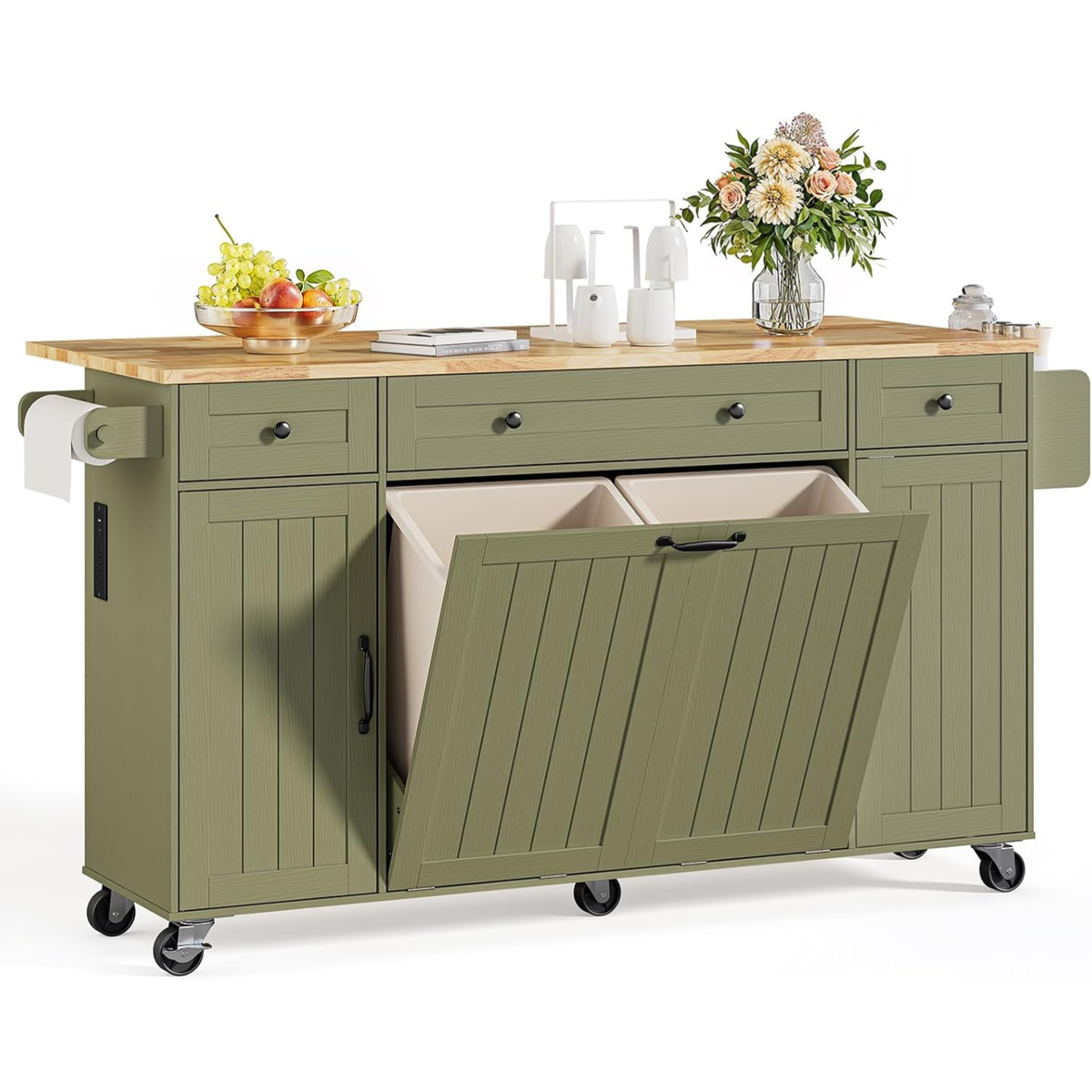 69.3 in Rolling Kitchen Island with Trash Bins
