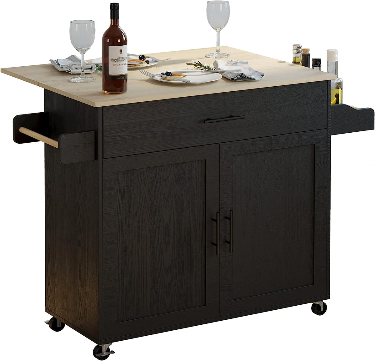 Rolling Kitchen Island with Drop Leaf and Towel Rack
