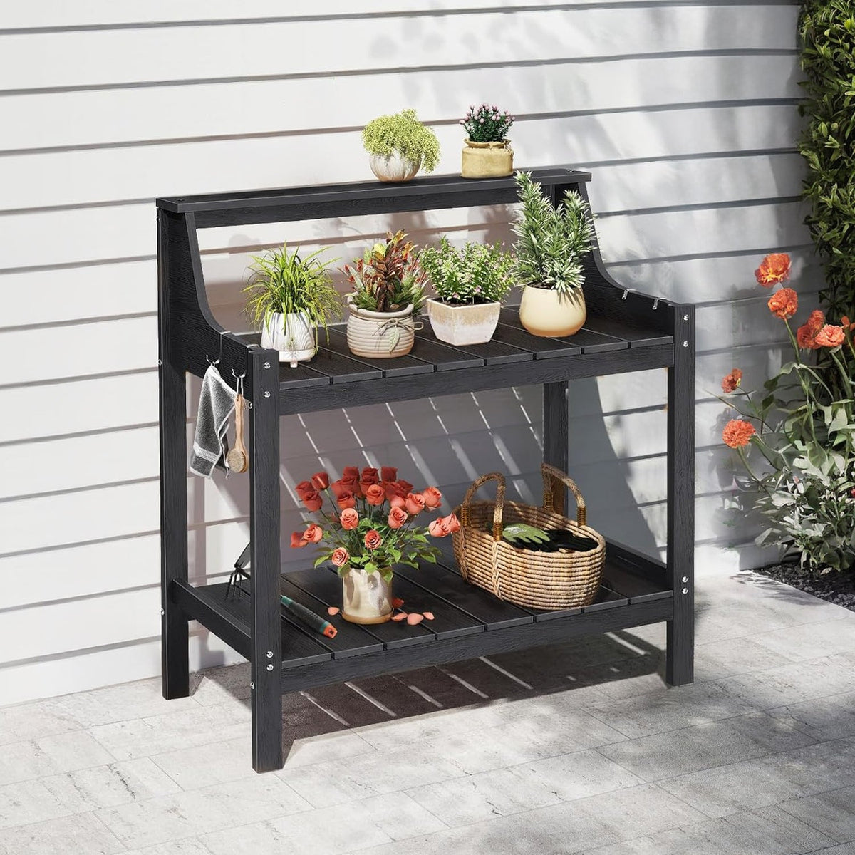Outdoor HDPS Potting Bench with 4 Side Hooks