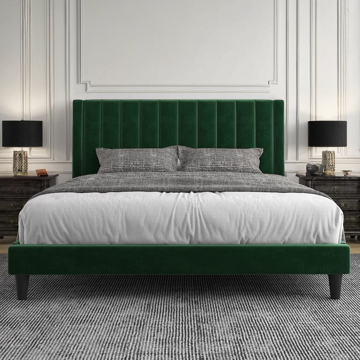 Velvet Upholstered Bed Frame with Tufted Headboard