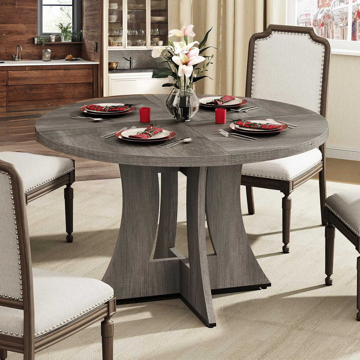 47 Inch Round Wooden Dining Table, Modern Kitchen Table