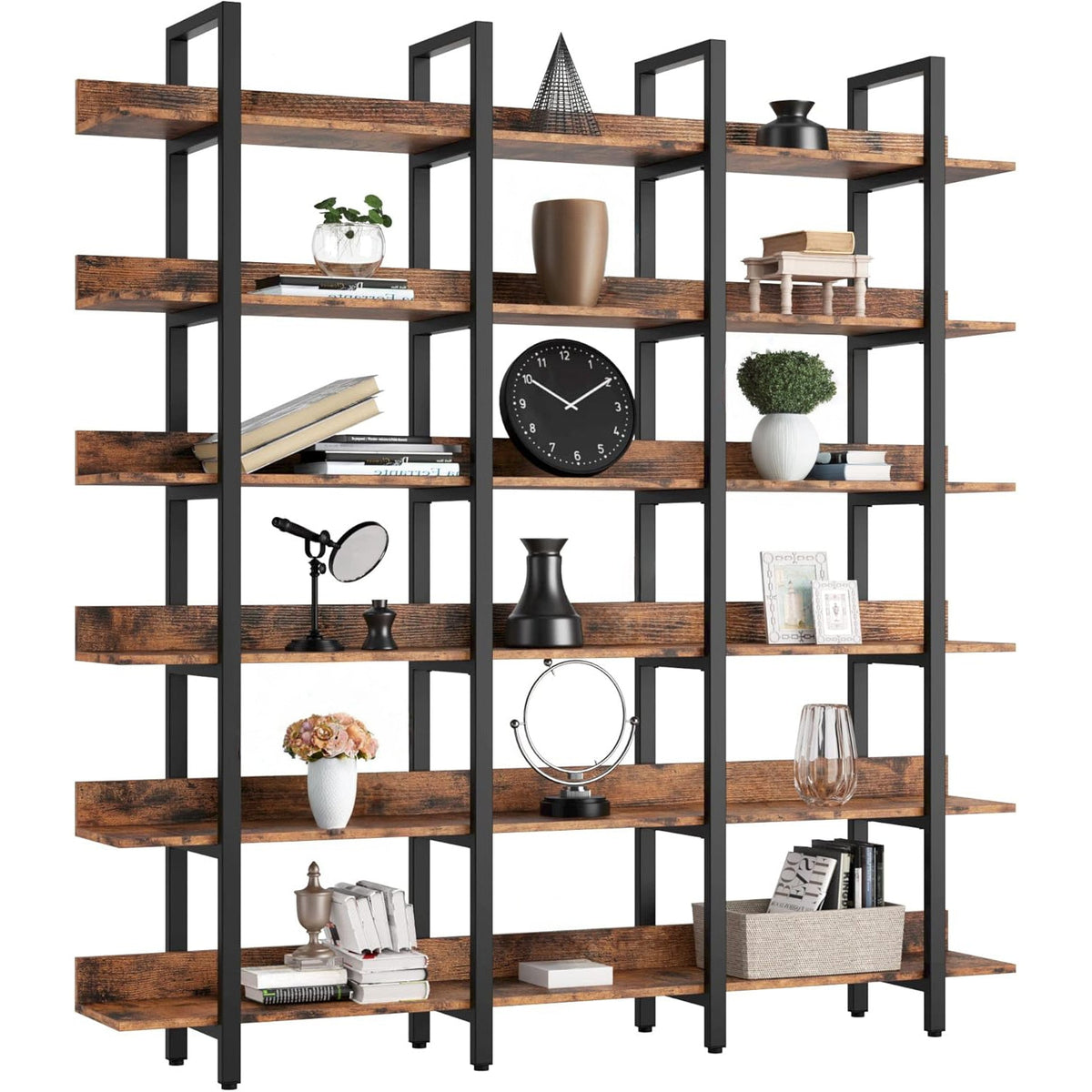 Triple Wide 6-Tier Open Bookshelf with Back Fence
