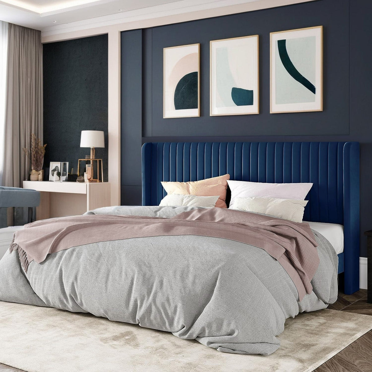 Velvet Platform Bed Frame with Tufted Headboard