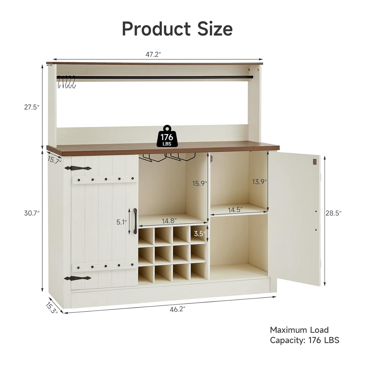 58" Bar Cabinet with 12 Wine Racks and Adjustable Shelves