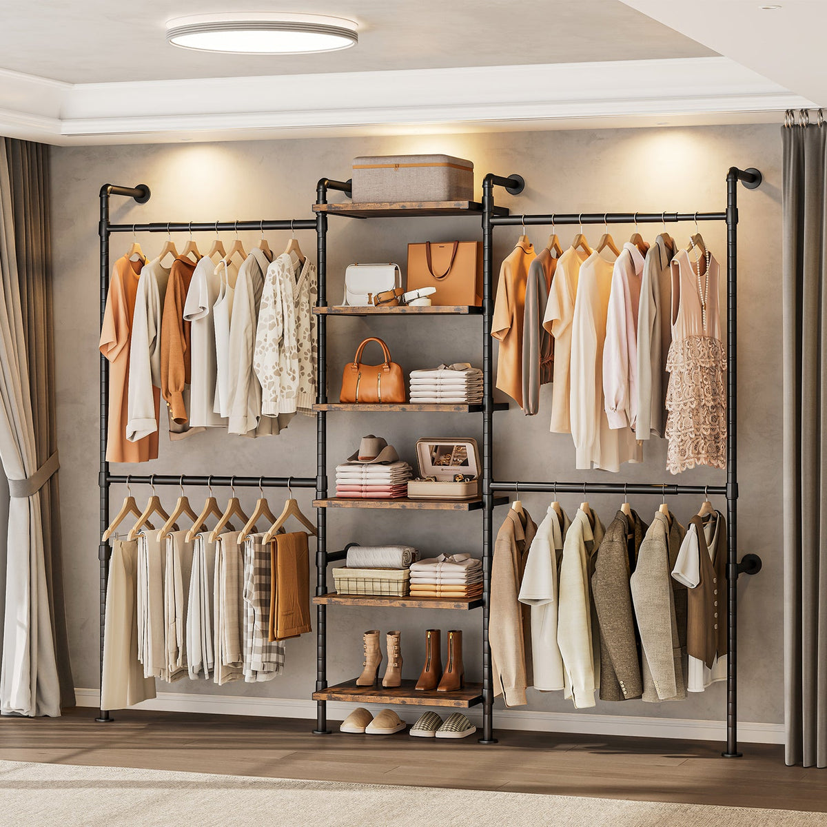Wall Mounted Industrial Pipe Closet Organizer, 4 Rods