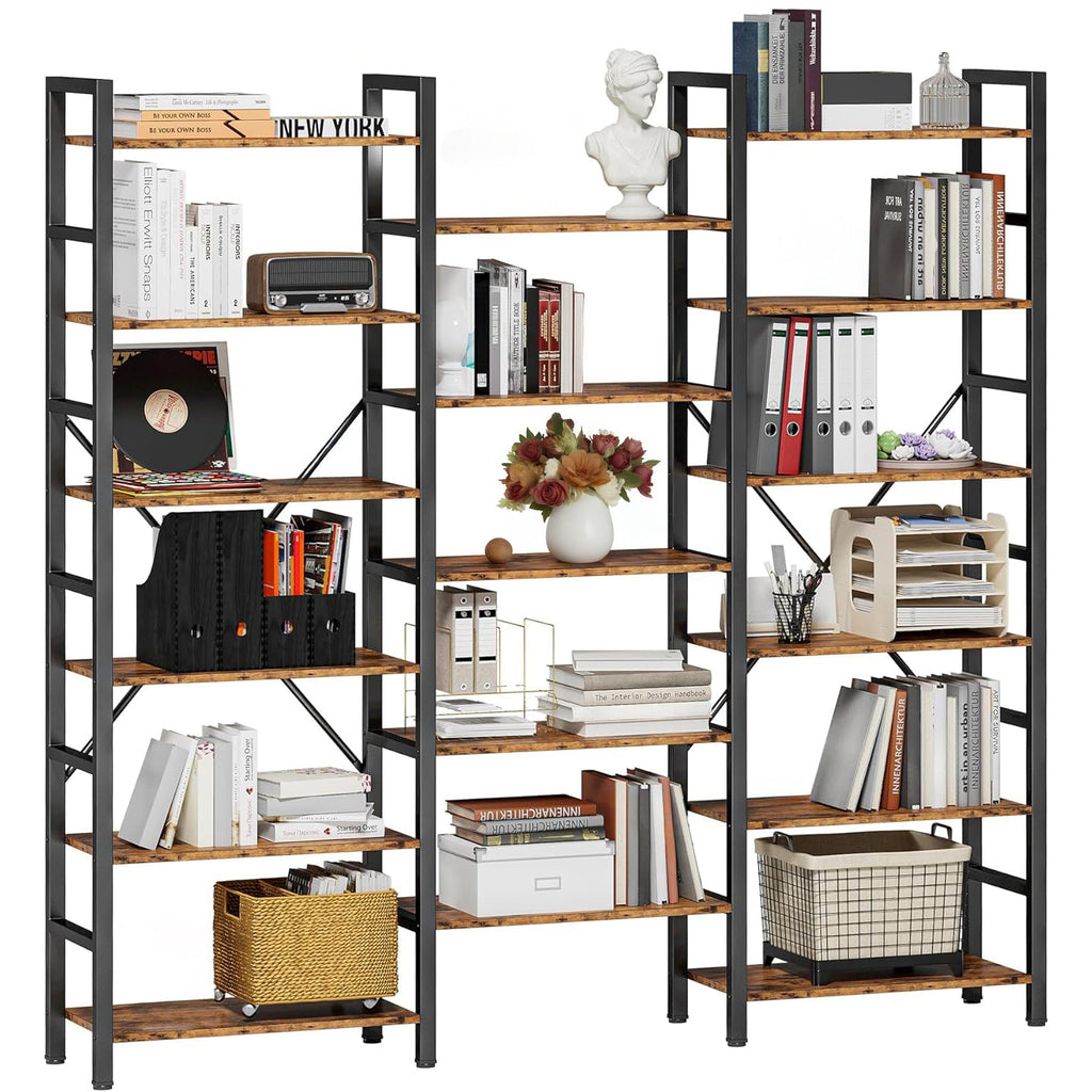 Triple Wide 6-Tier Industrial Bookshelf with Metal Frame