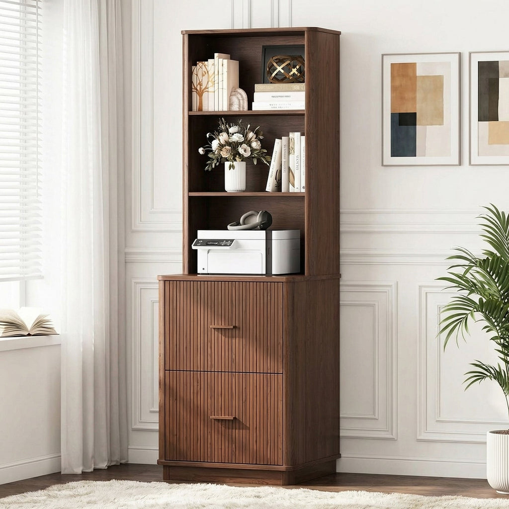71 in Tall Fluted Bookcase with File Drawers