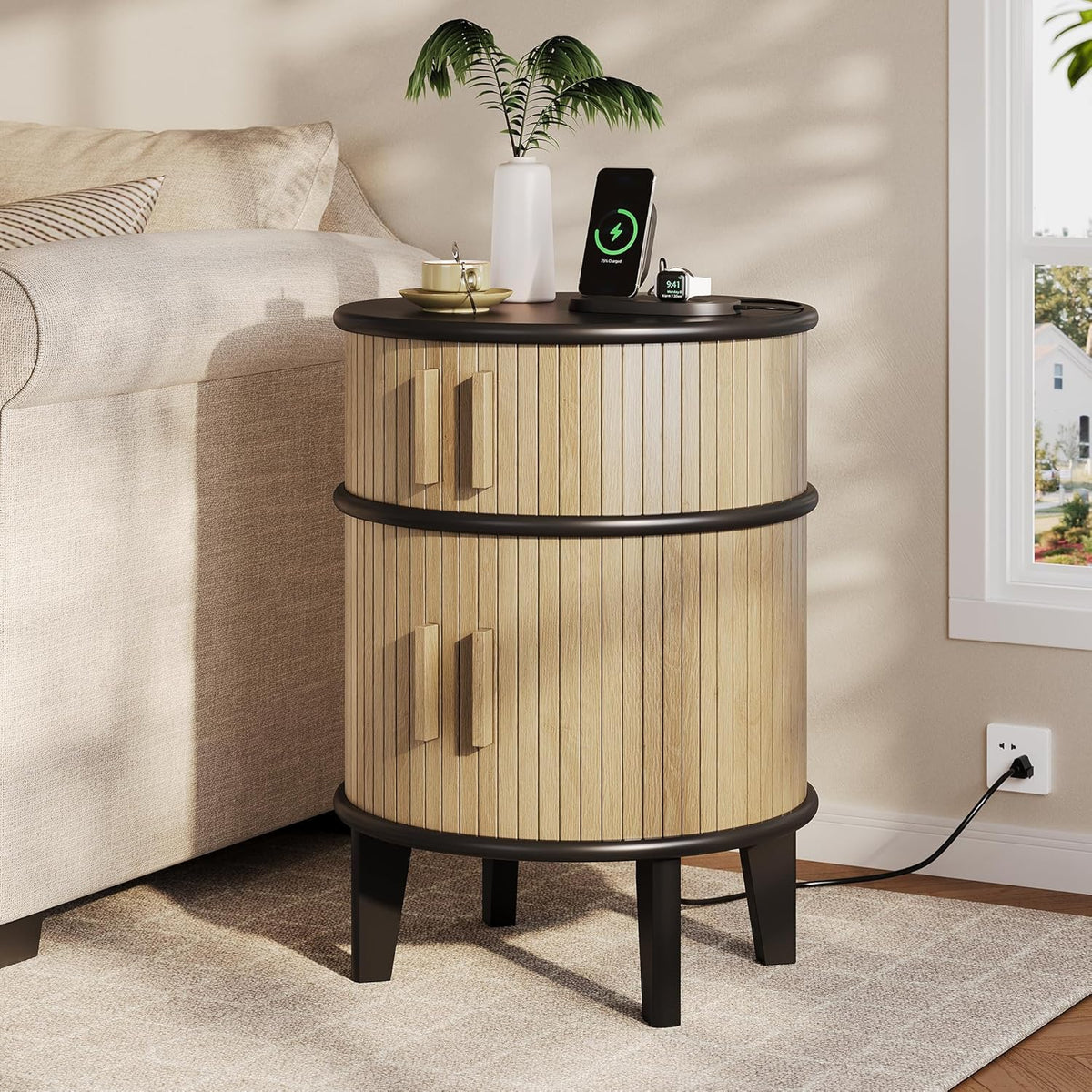 Round End Table Nightstand with Charging Station