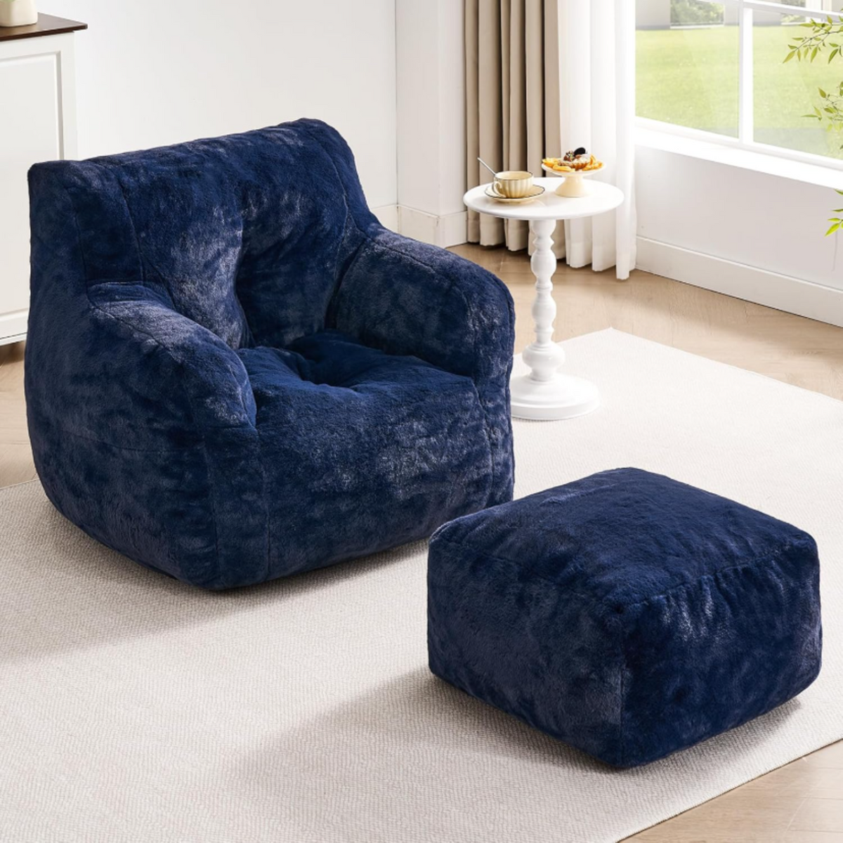 Giant Bean Bag Chair with Ottoman and Faux Fur Cover