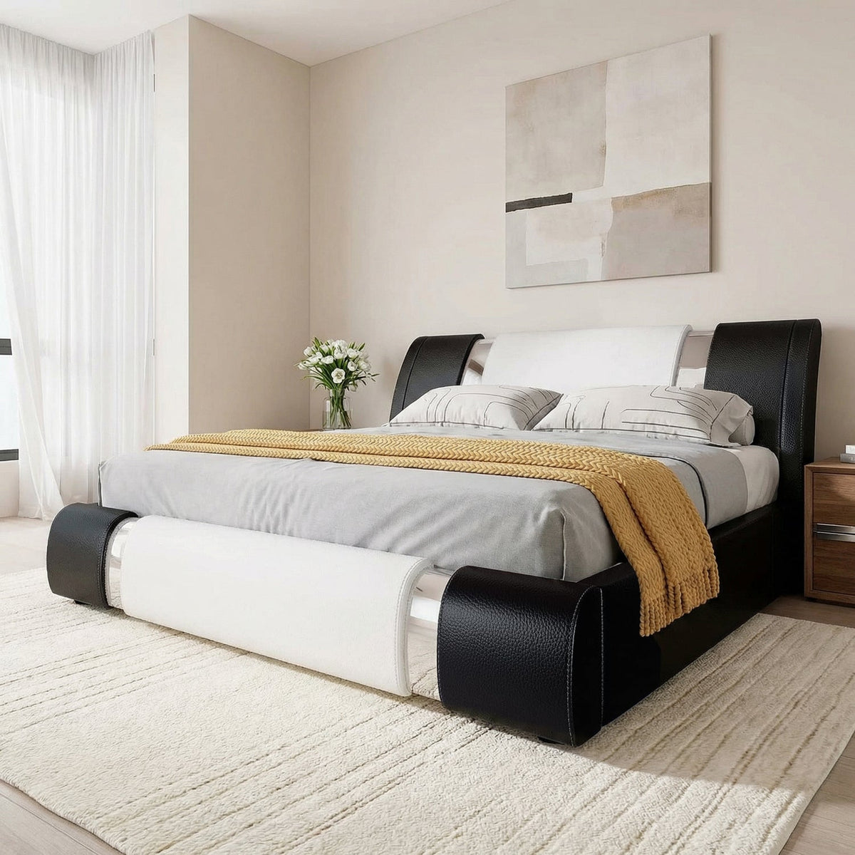 Faux Leather Bed Frame with Adjustable Headboard